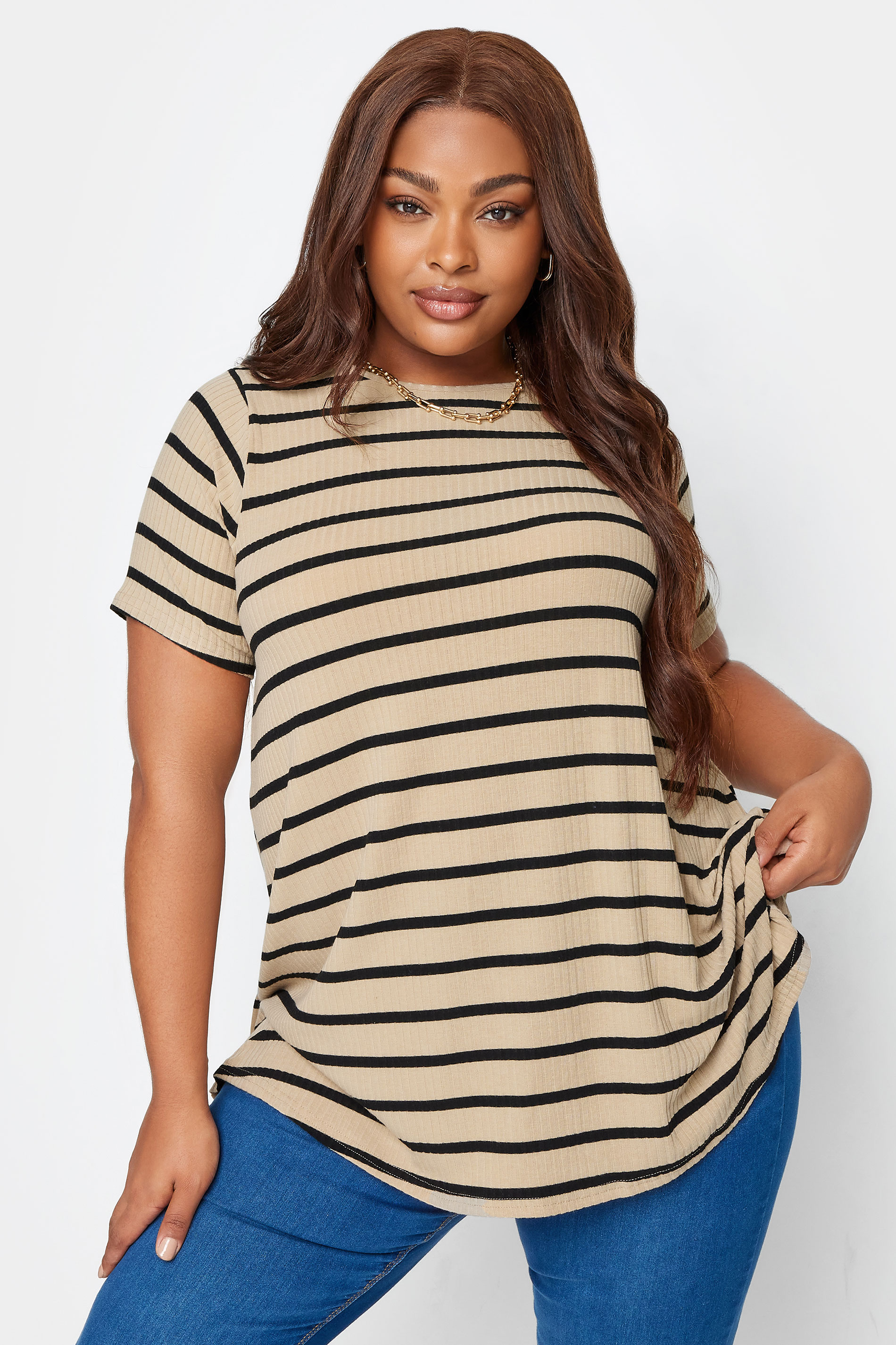 YOURS Plus Size Curve 2 Pack Khaki Green Ribbed Stripe Swing T-Shirts | Yours Clothing  2