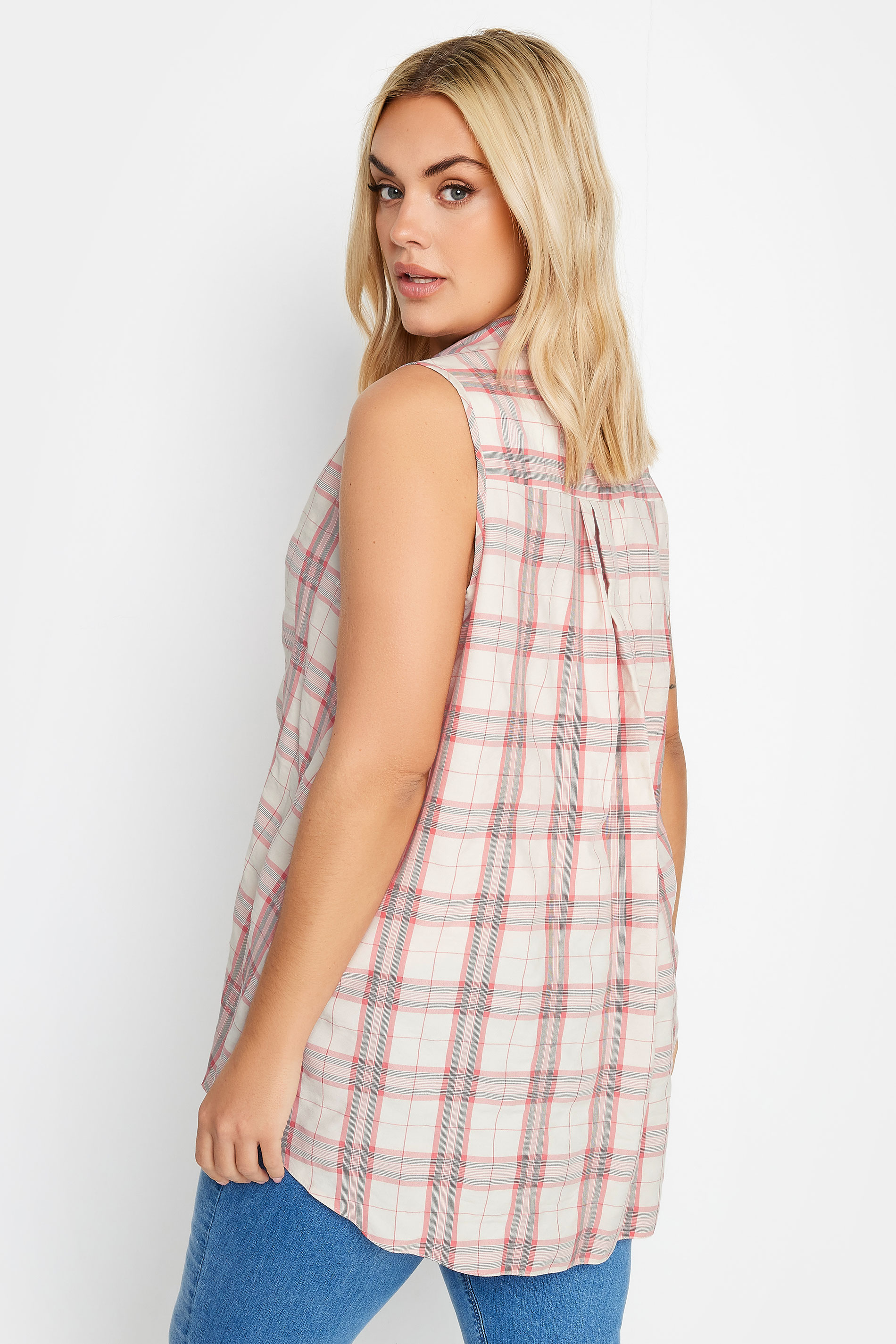 YOURS Plus Size Pink Check Sleeveless Shirt | Yours Clothing 3