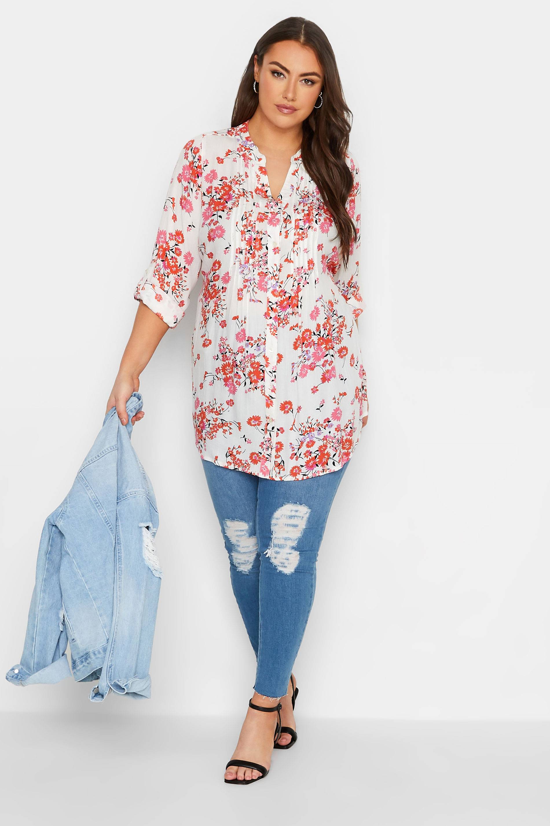 Plus Size White & Pink Floral Print Pintuck Shirt | Yours Clothing 2