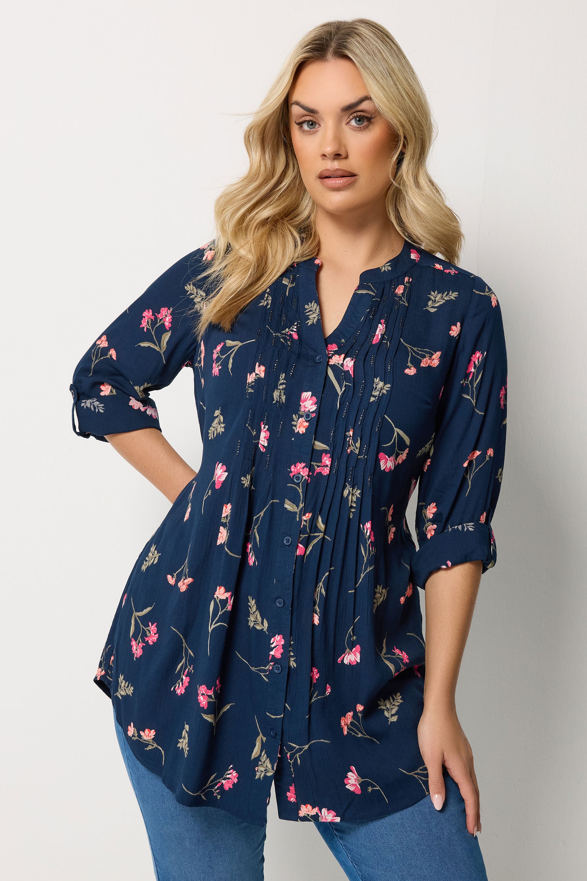 YOURS Plus Size Navy Blue Sequin Floral Pintuck Blouse | Yours Clothing 3