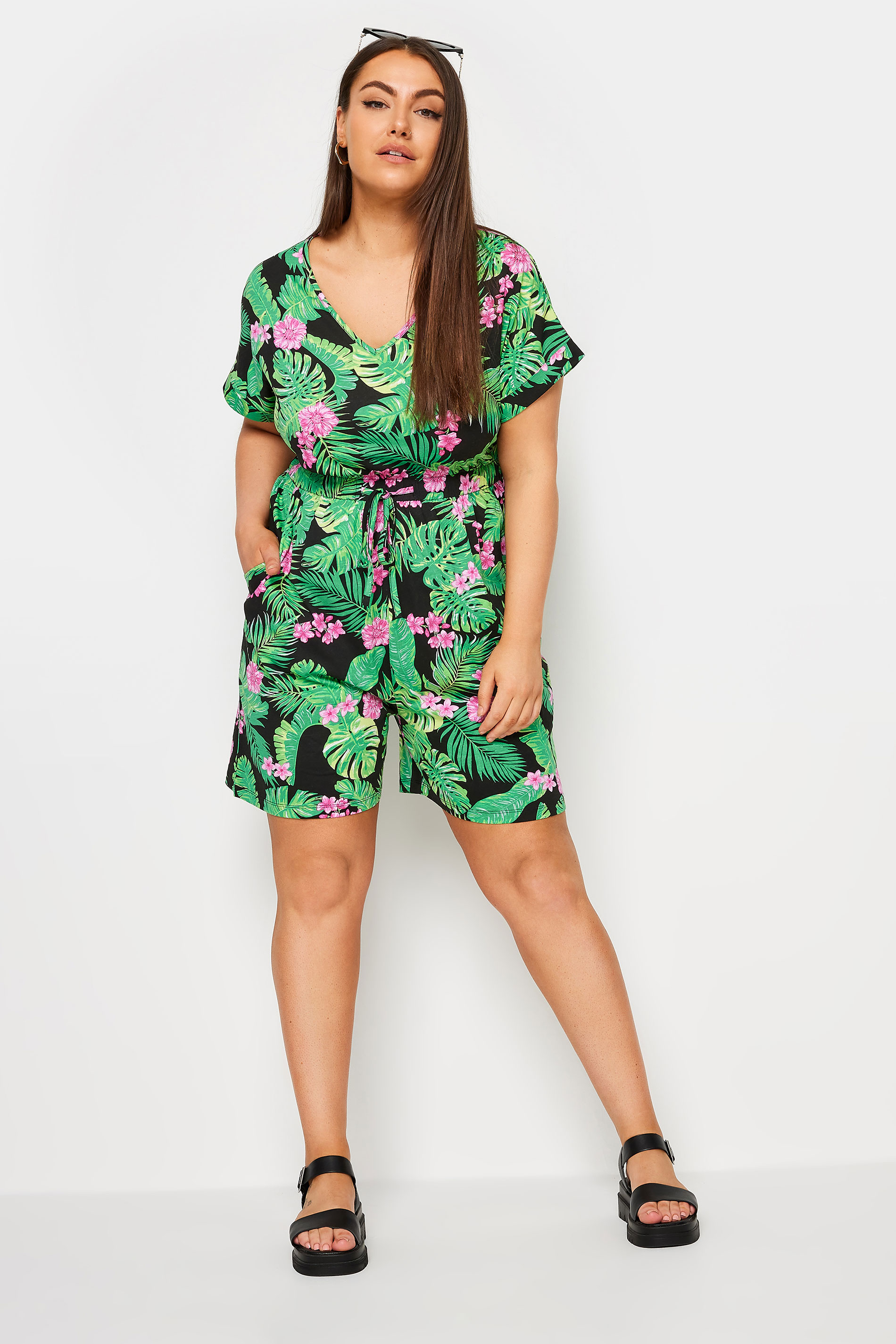 YOURS Plus Size Black Tropical Print Drawstring Playsuit | Yours Clothing 3