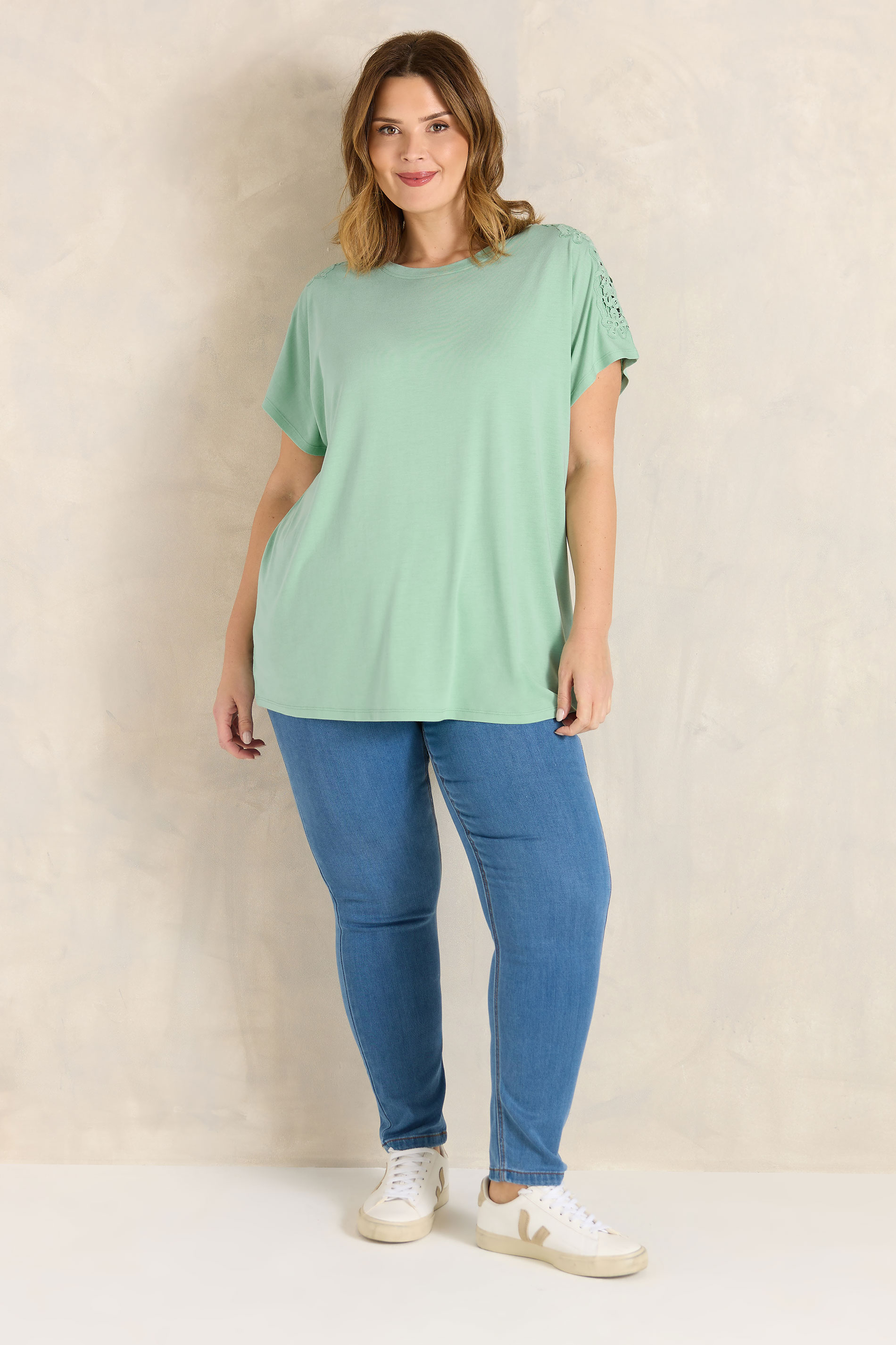 EVANS Plus Size Sage Green Crochet Shoulder Modal T-Shirt | Evans  1