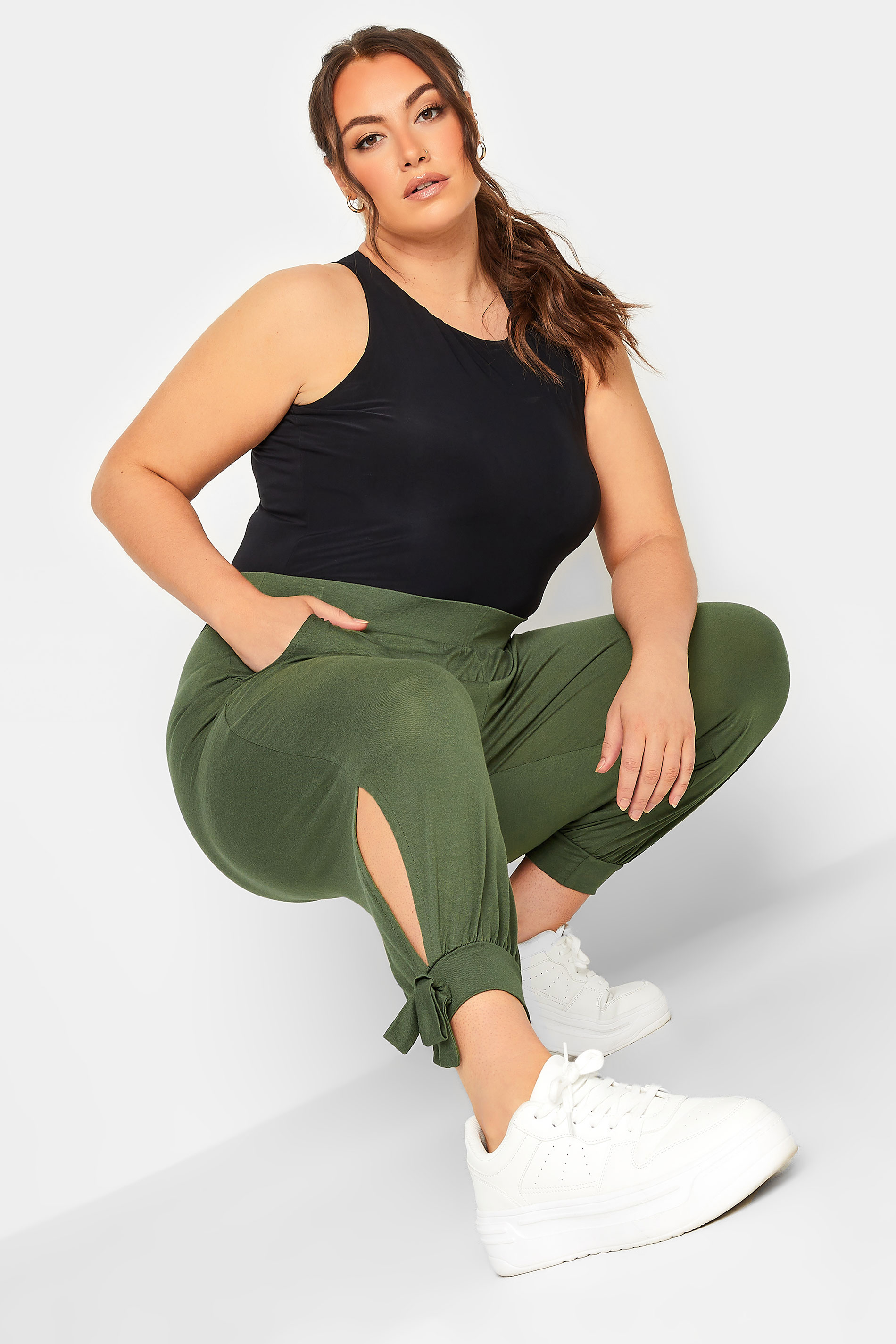 YOURS Plus Size Curve Green Split Tie Hem Cropped Harem Trousers | Yours Clothing  3