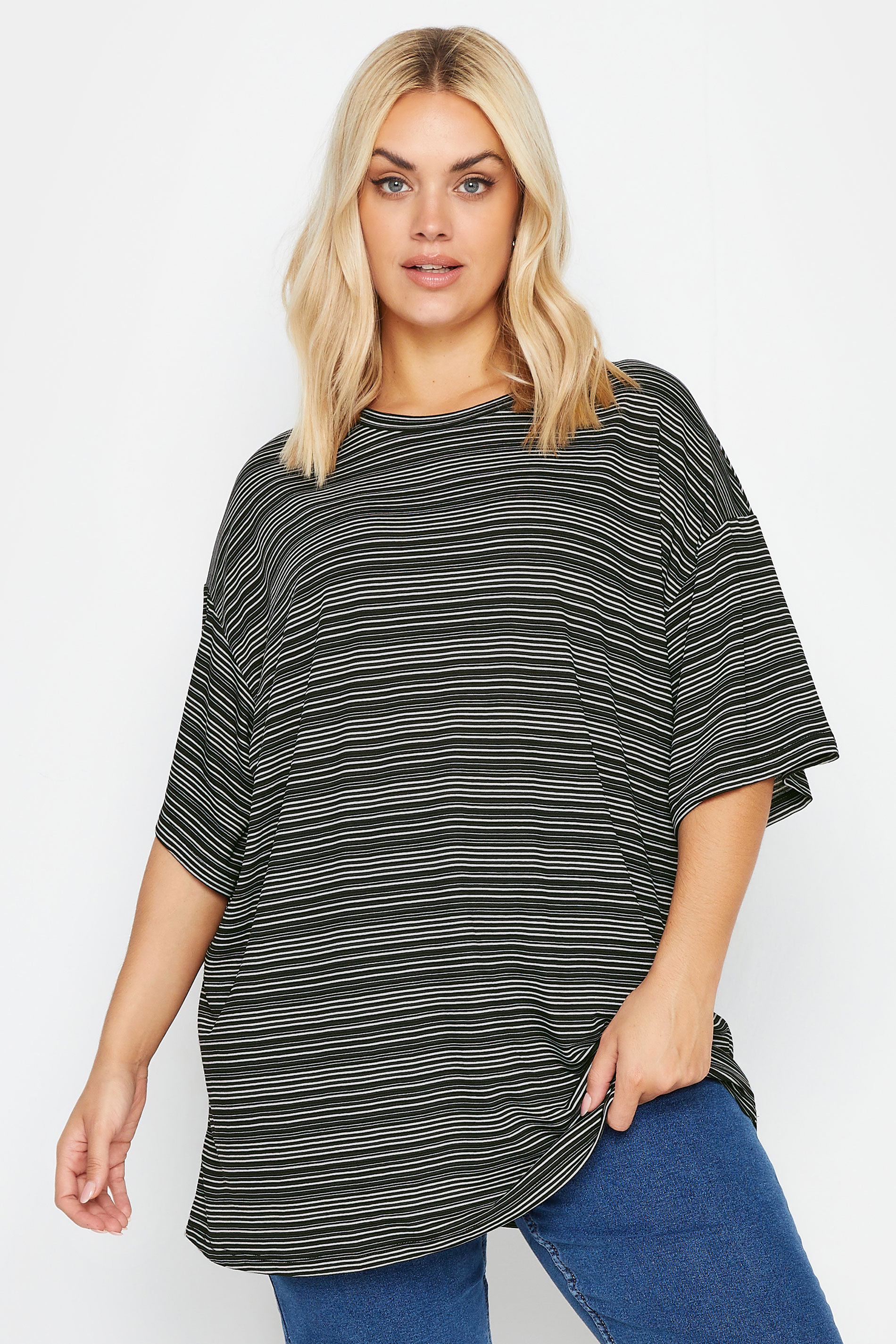 YOURS Plus Size Black Striped Oversized Boxy T-Shirt | Yours Clothing 1