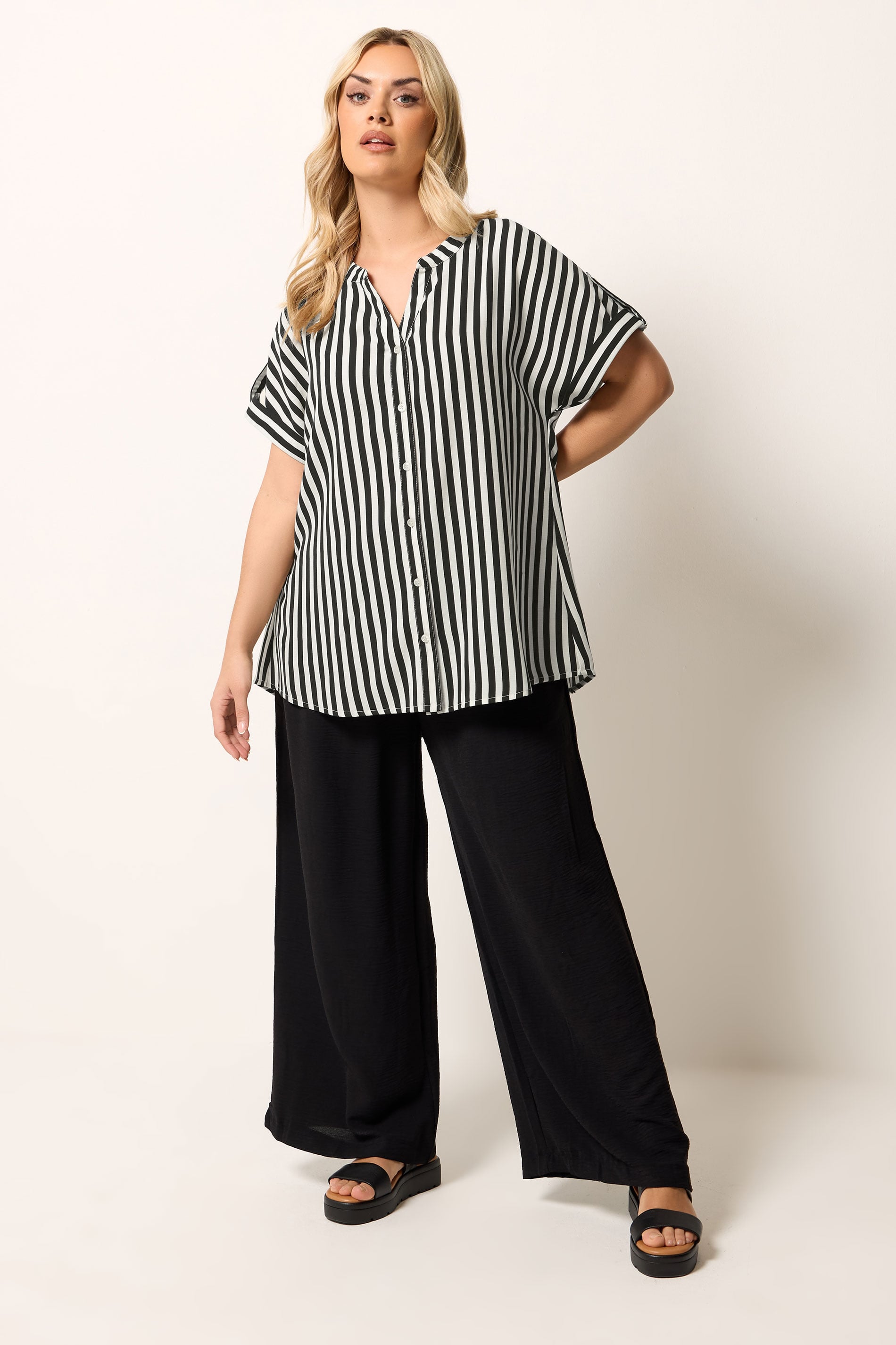 YOURS Plus Size Black Stripe Button Up Blouse | Yours Clothing 1