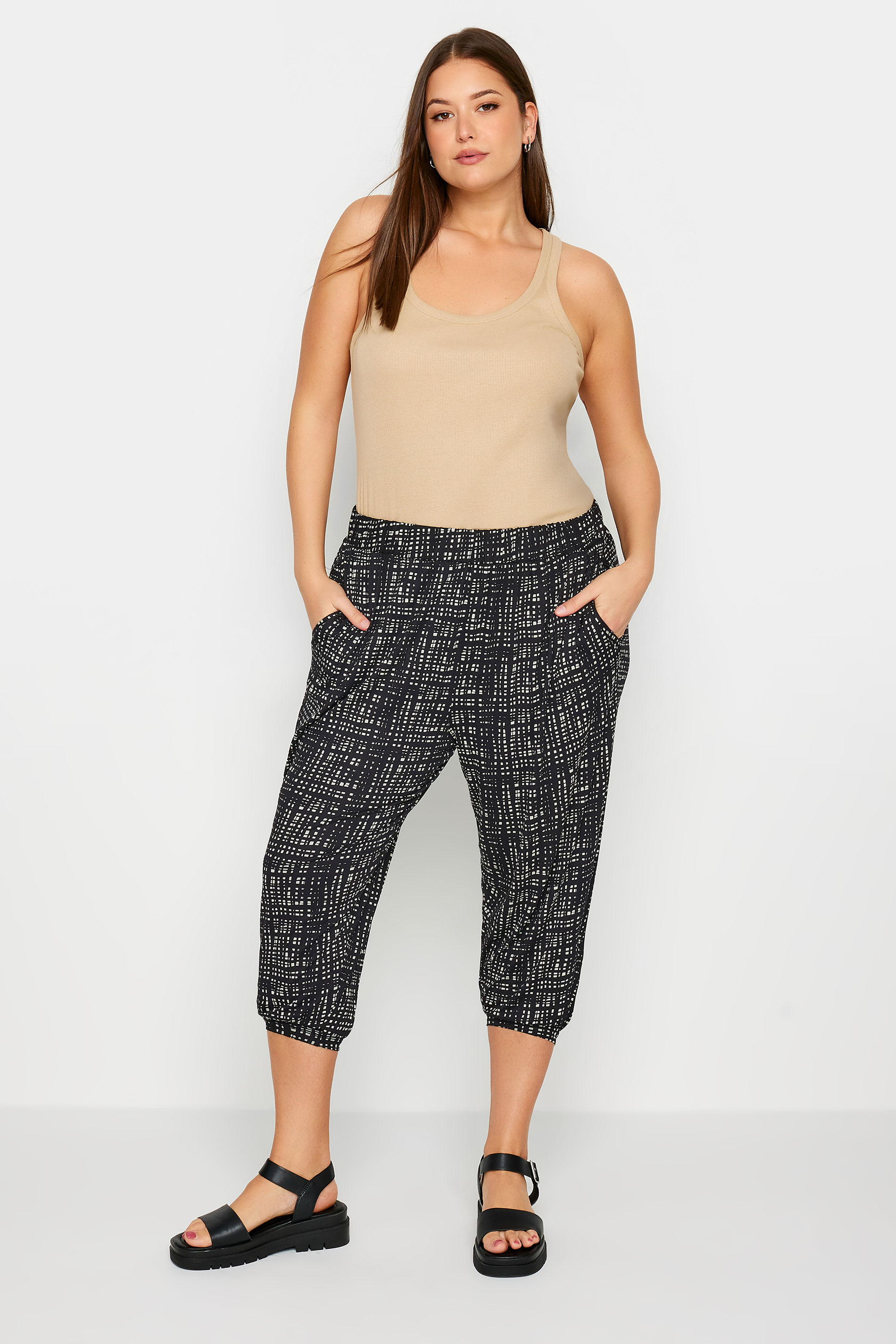 YOURS Plus Size Black Cropped Stripe Print Harem Joggers | Yours Clothing 2
