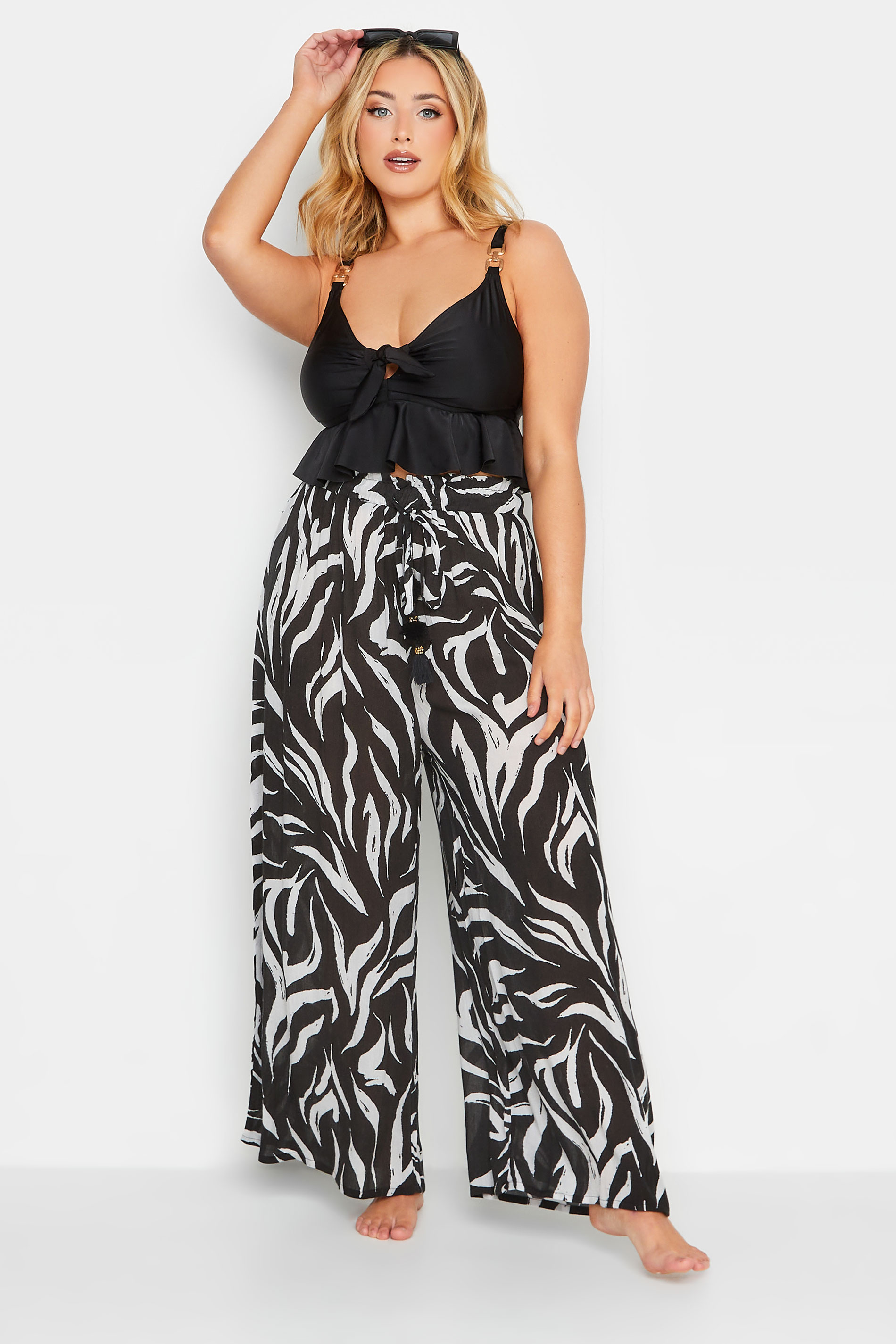 Plus Size Black Animal Print Wide Leg Beach Trousers | Yours Clothing 2