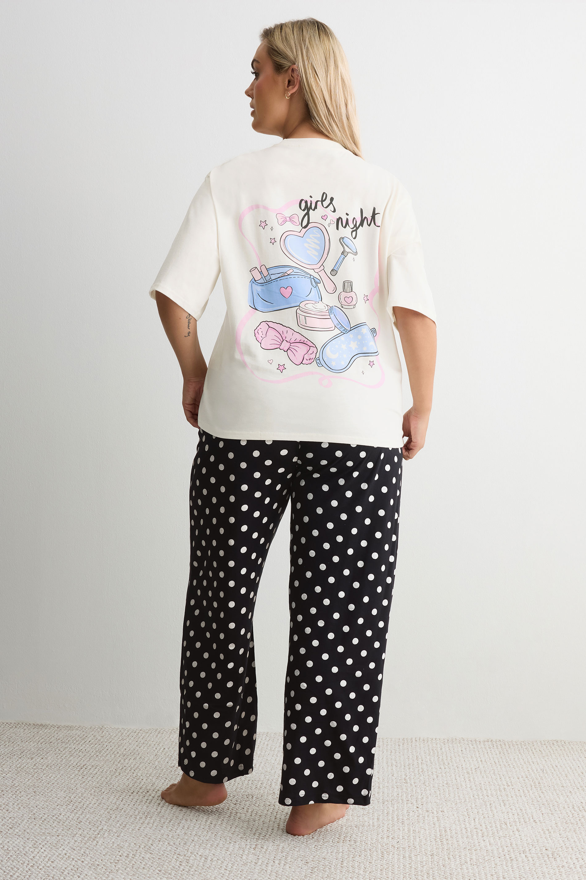 YOURS Plus Size Ivory White 'Girls Night' Polka Dot Pyjama Set | Yours Clothing 2