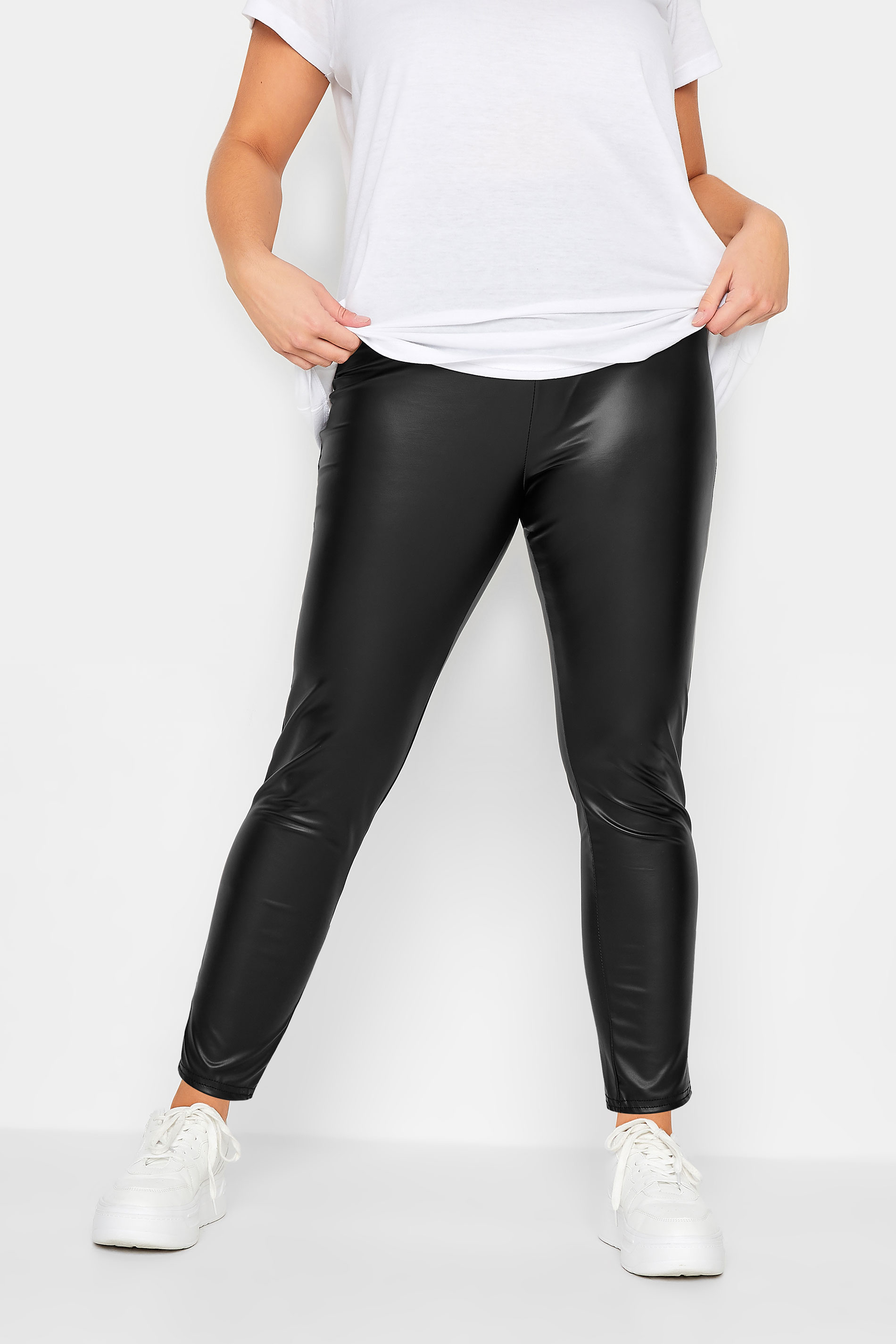 YOURS PETITE Plus Size Black Stretch Leather Look Leggings | Yours Clothing 1