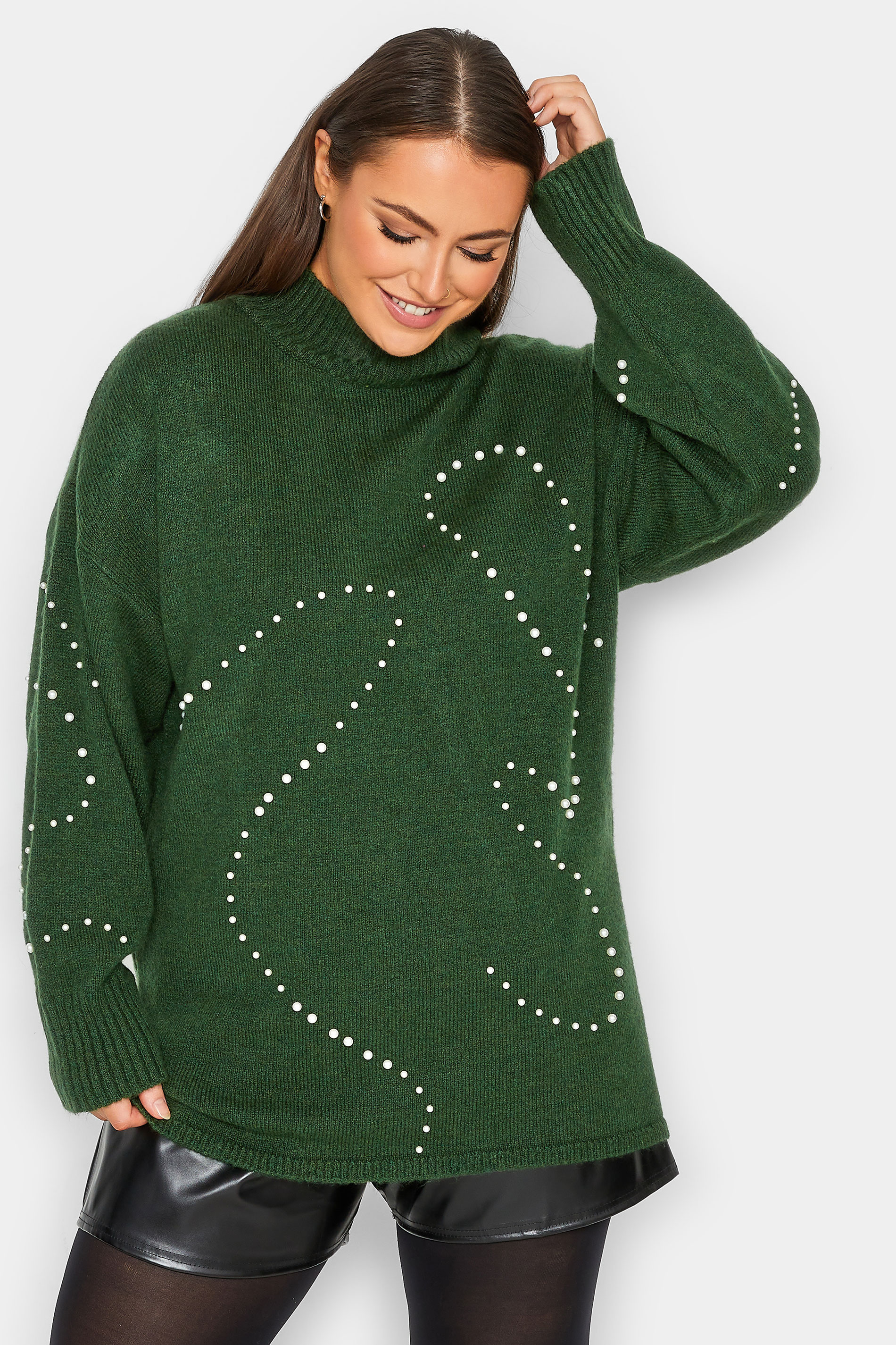 YOURS LUXURY Plus Size Green Pearl Embellished Batwing Jumper | Yours Clothing 1