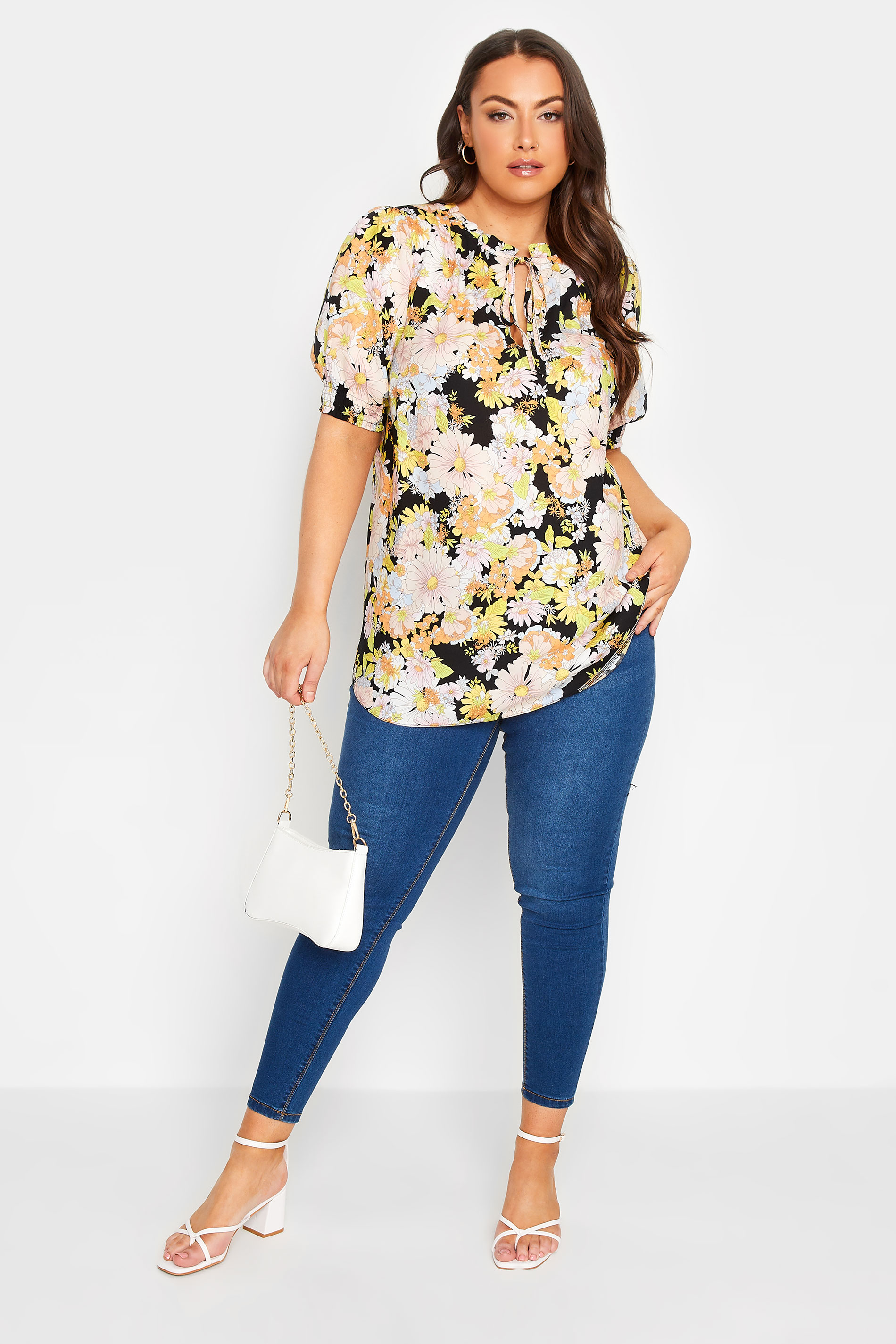 YOURS Plus Size Black & Yellow Floral Print Tie Neck Blouse | Yours Clothing 2