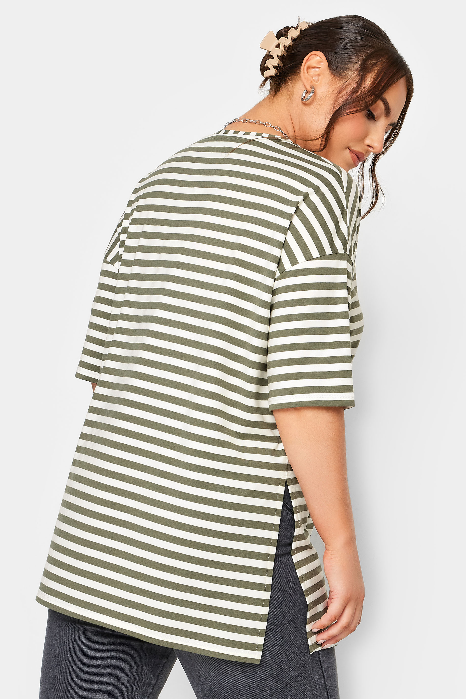YOURS Curve Khaki Green Stripe Oversized T-Shirt | Yours Clothing 3