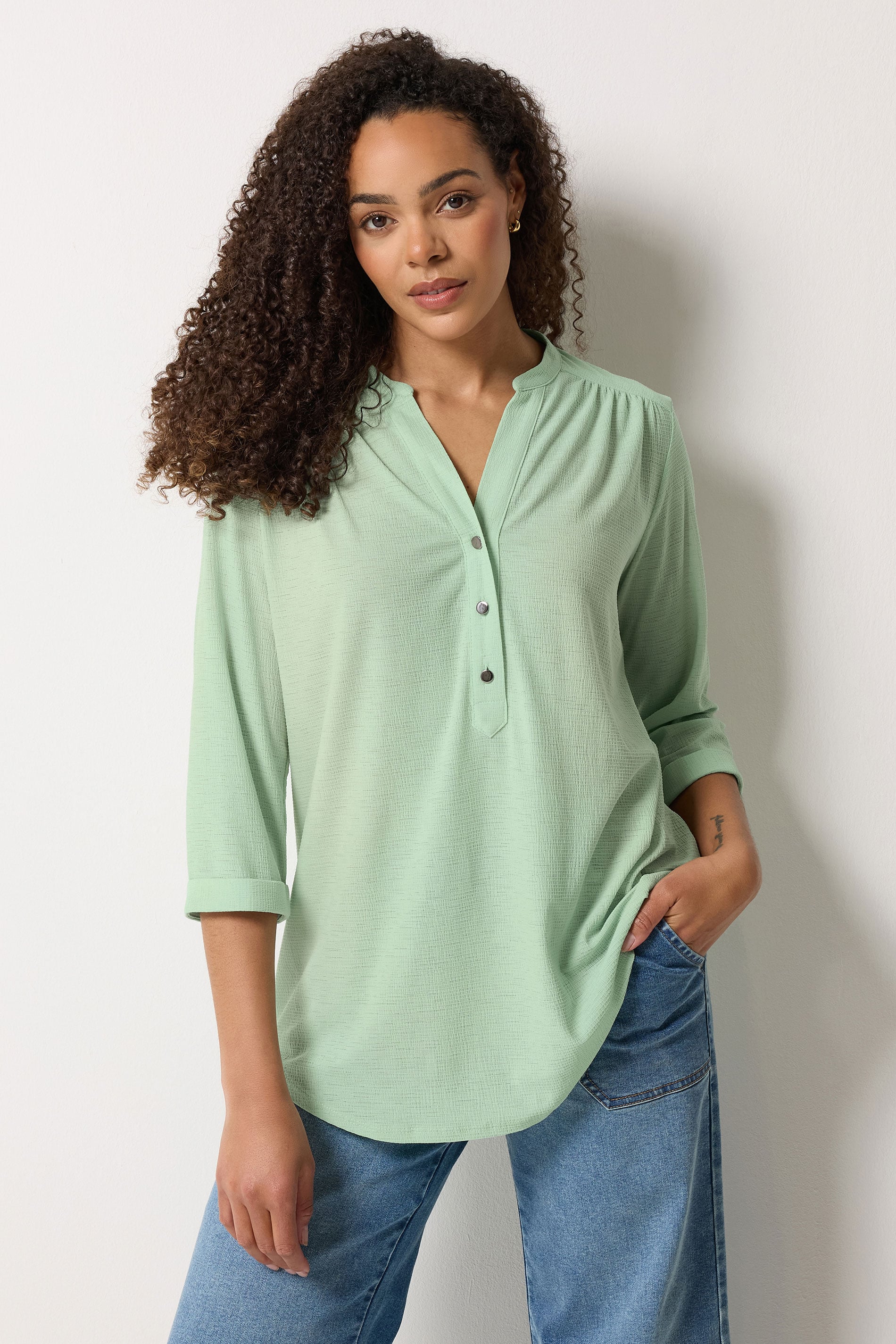 M&Co Green Textured Half Placket Shirt | M&Co 3