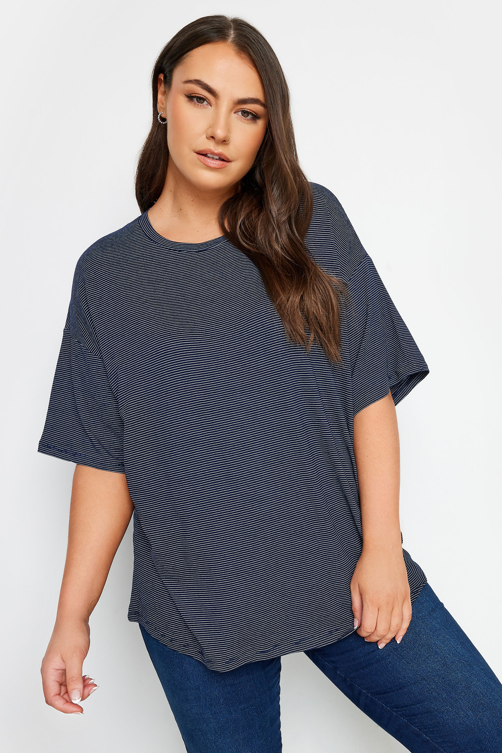 YOURS Plus Size Dark Blue Oversized Boxy T-Shirt | Yours Clothing 1