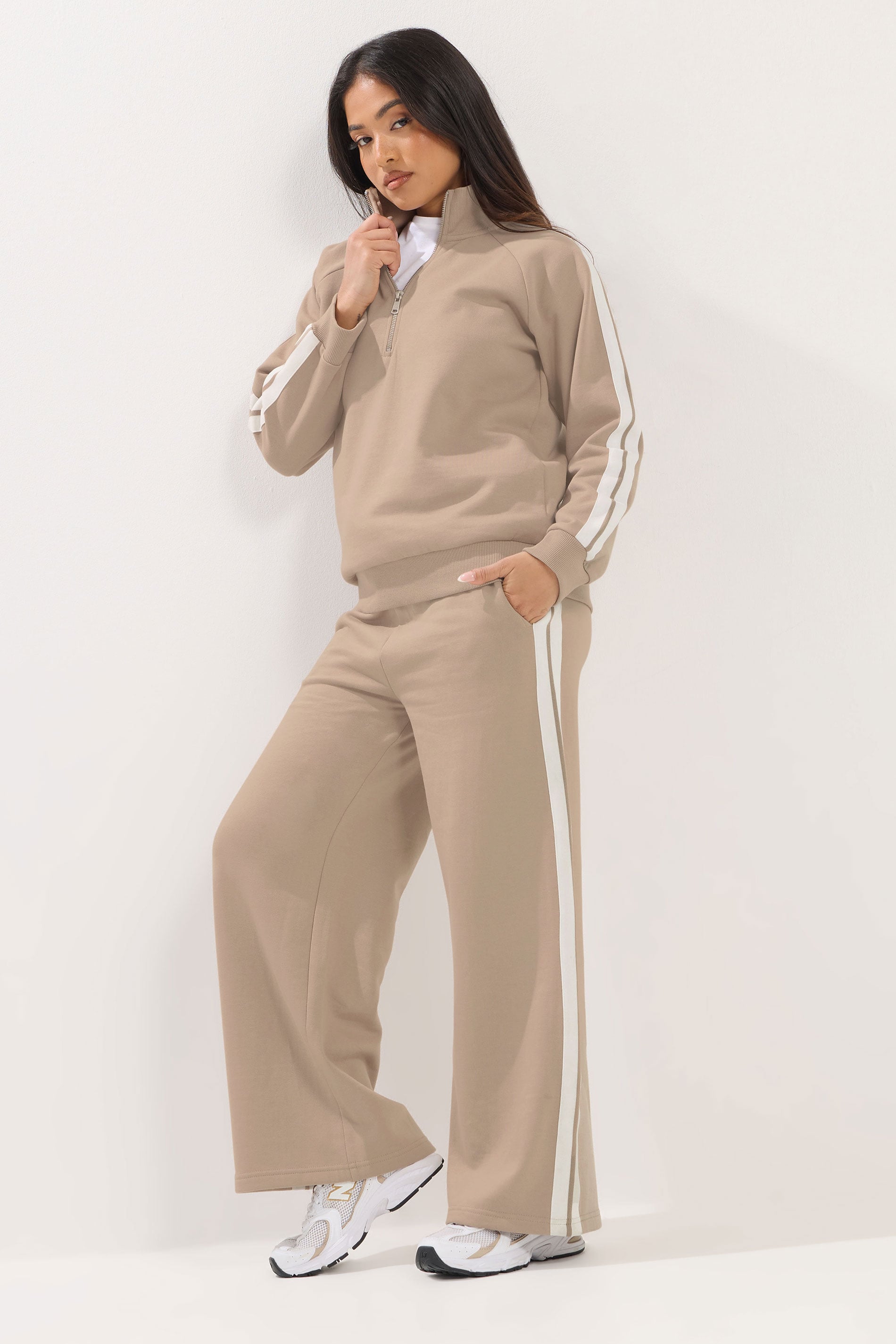 PixieGirl Petite Women's Set Natural Brown Stripe Cotton Sweatshirt & Wide Leg Joggers | PixieGirl 3