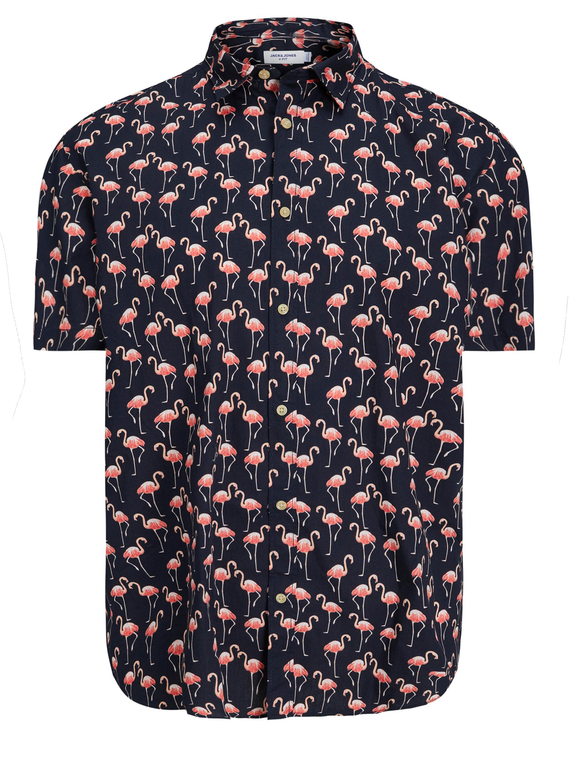 JACK & JONES Big & Tall Plus Size Navy Blue Flamingo Print Short Sleeve Shirt | BadRhino  2