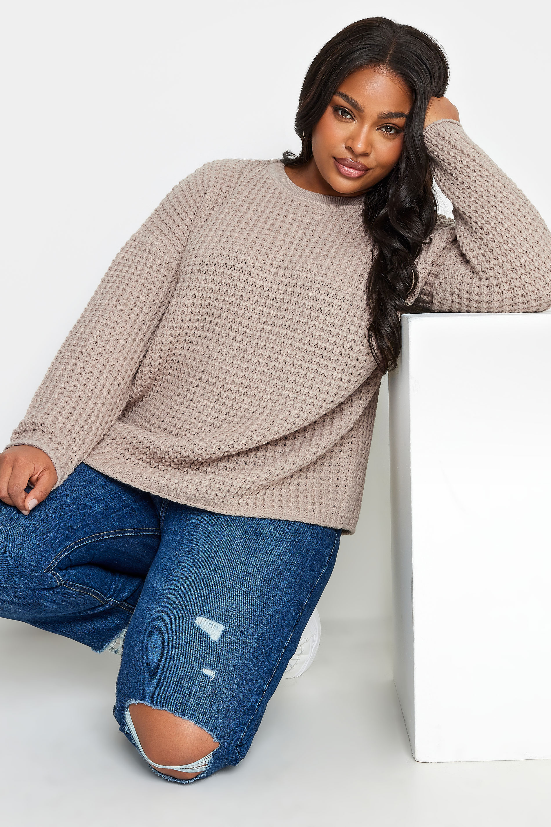 YOURS Plus Size Stone Brown Waffle Knit Jumper | Yours Clothing 3