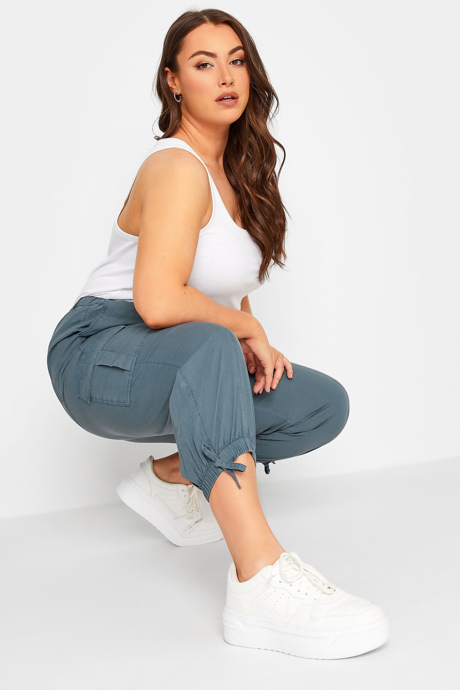 YOURS Curve Plus Size Grey Cropped Cargo Trousers | Yours Clothing  3