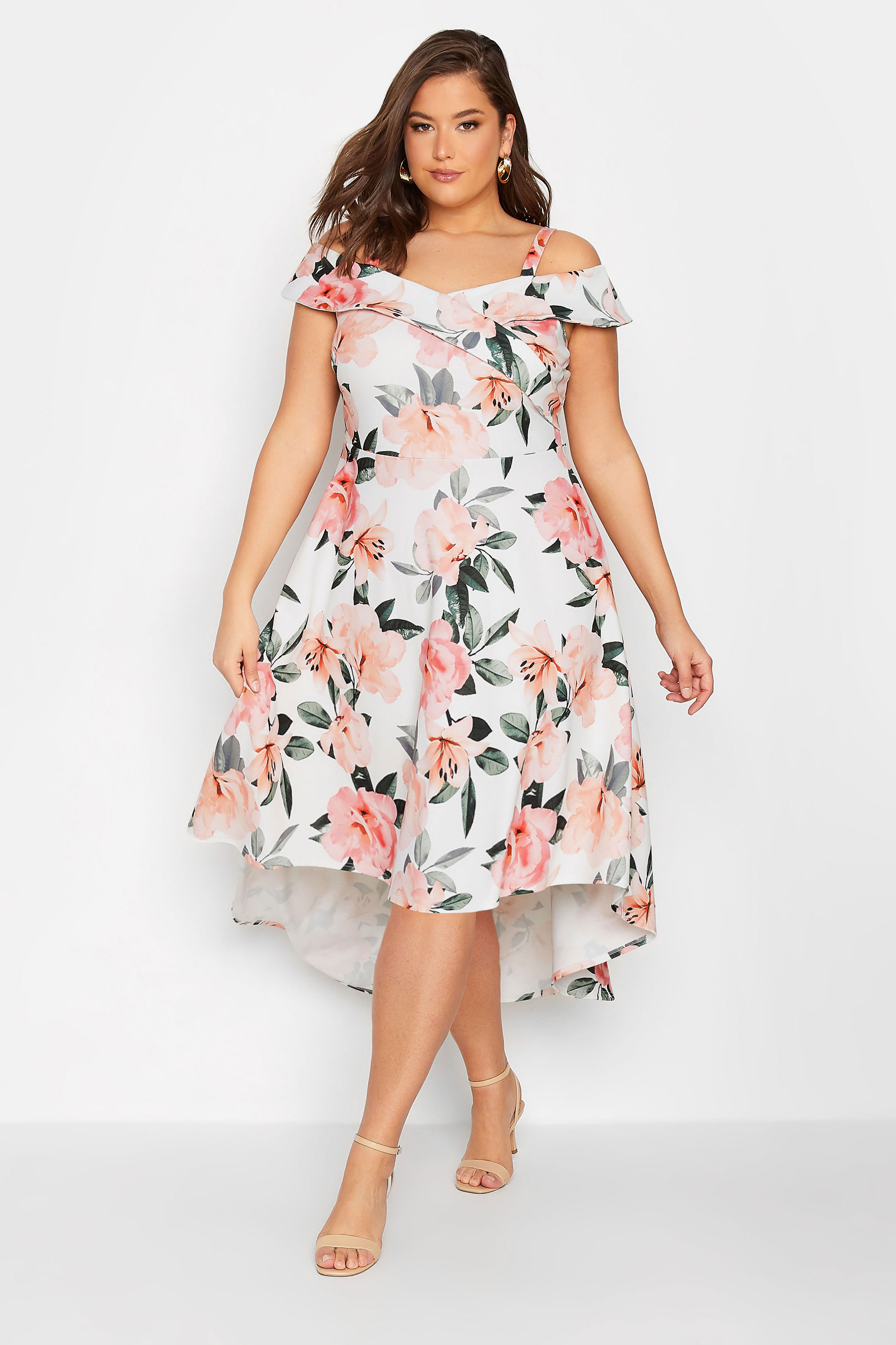 YOURS LONDON Plus Size White & Pink Floral Bardot Midi Dress | Yours Clothing 1
