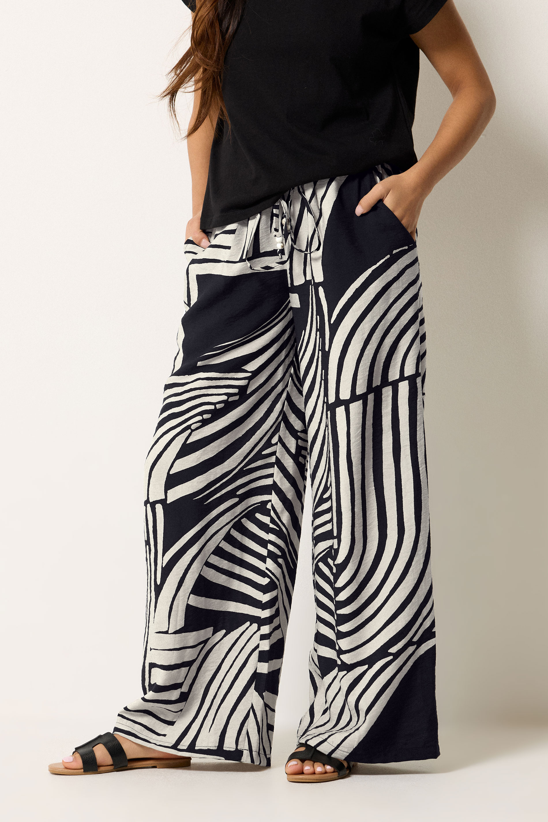 PixieGirl Petite Women's Black Swirl Print Beaded Wide Leg Trousers | PixieGirl 2