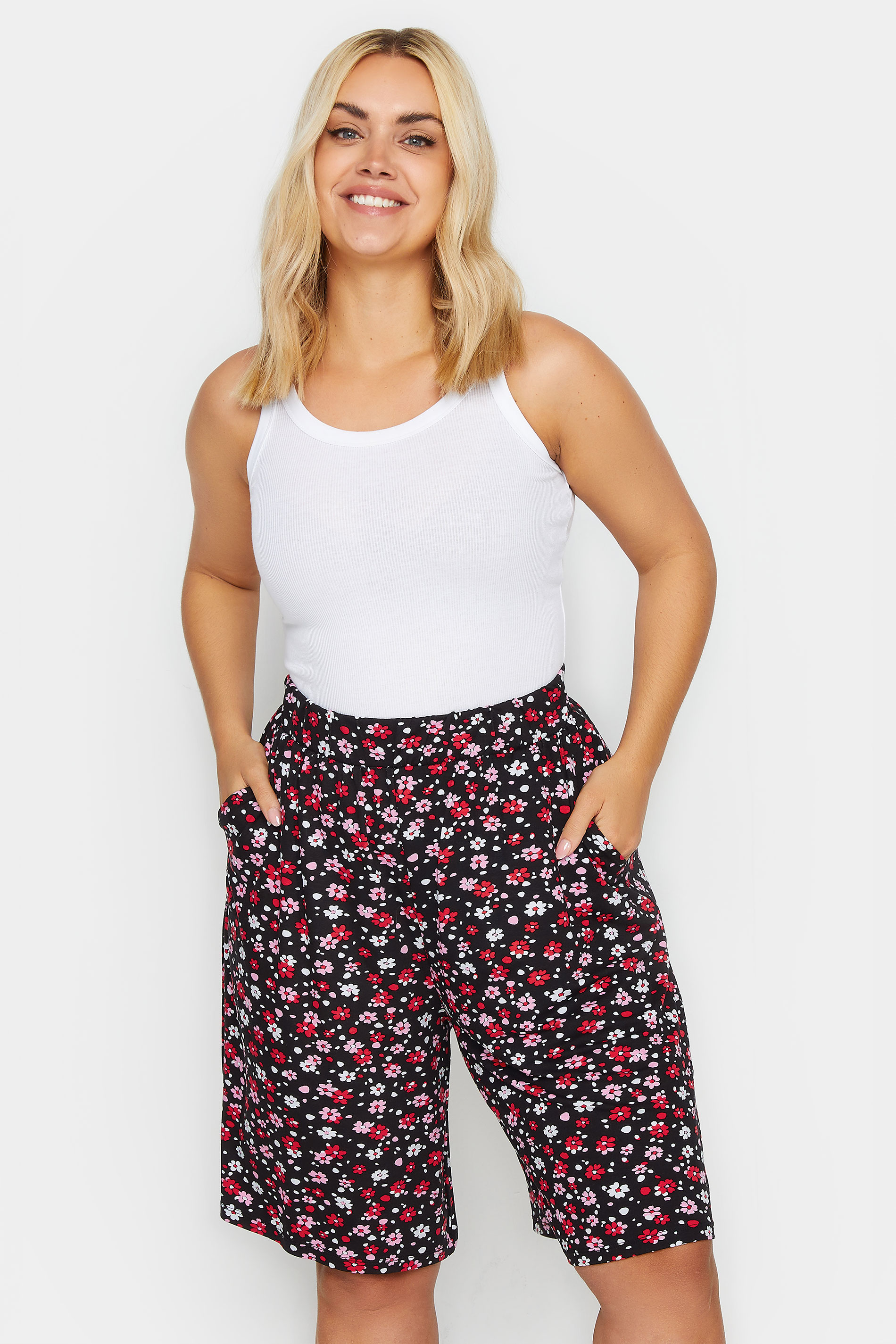 Plus Size Black & Pink Floral Print Jersey Shorts | Yours Clothing 1