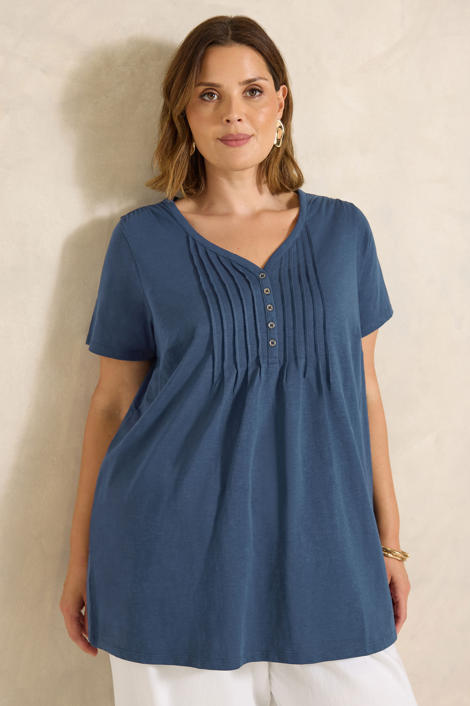 EVANS Plus Size Navy Blue Short Sleeve Cotton Henley Top | Evans 3