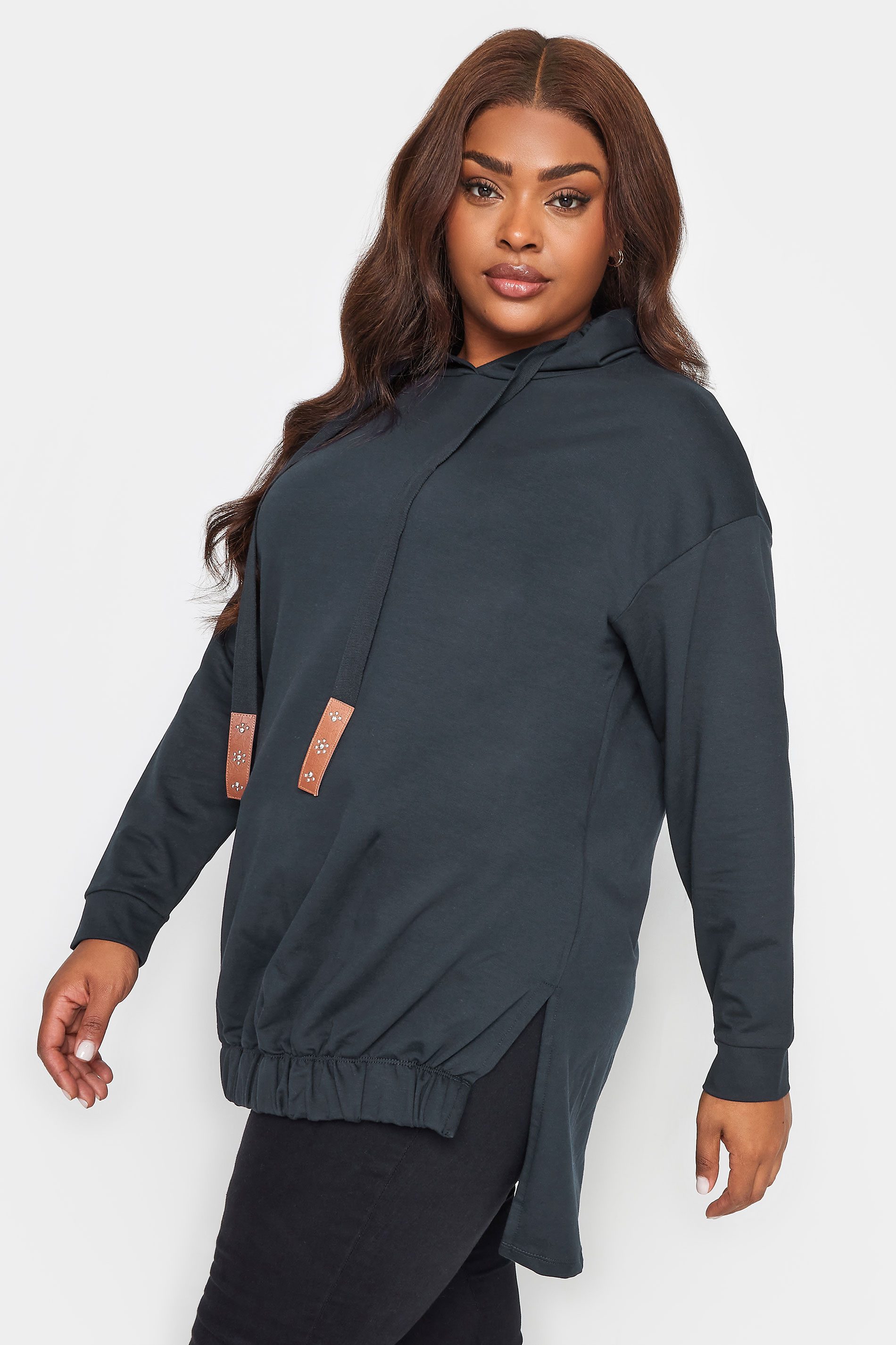 YOURS Plus Size Navy Blue Embellished Tie Hoodie | Yours Clothing 1