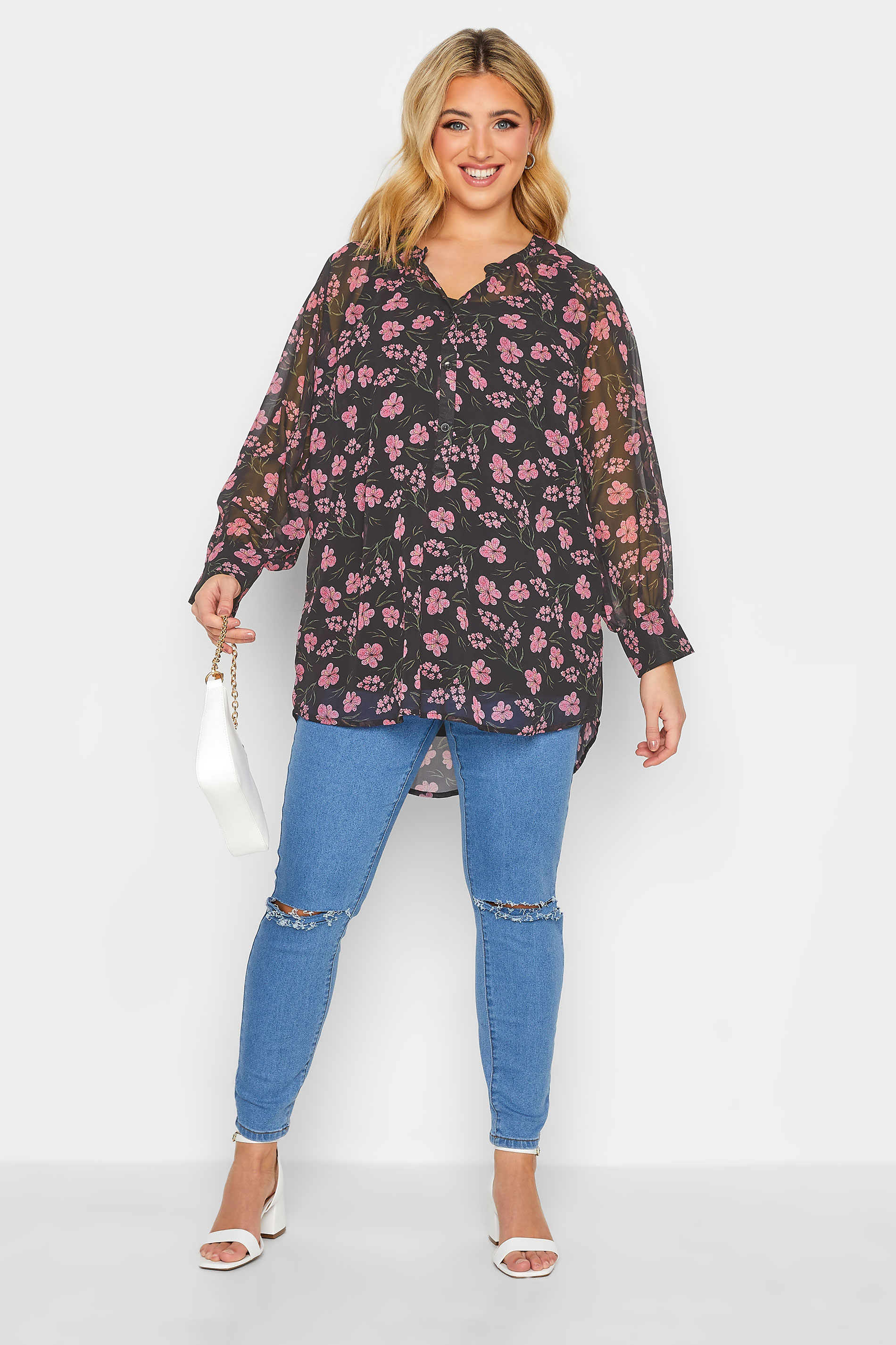 Plus Size Black Floral Print Balloon Sleeve Shirt | Yours Clothing 2