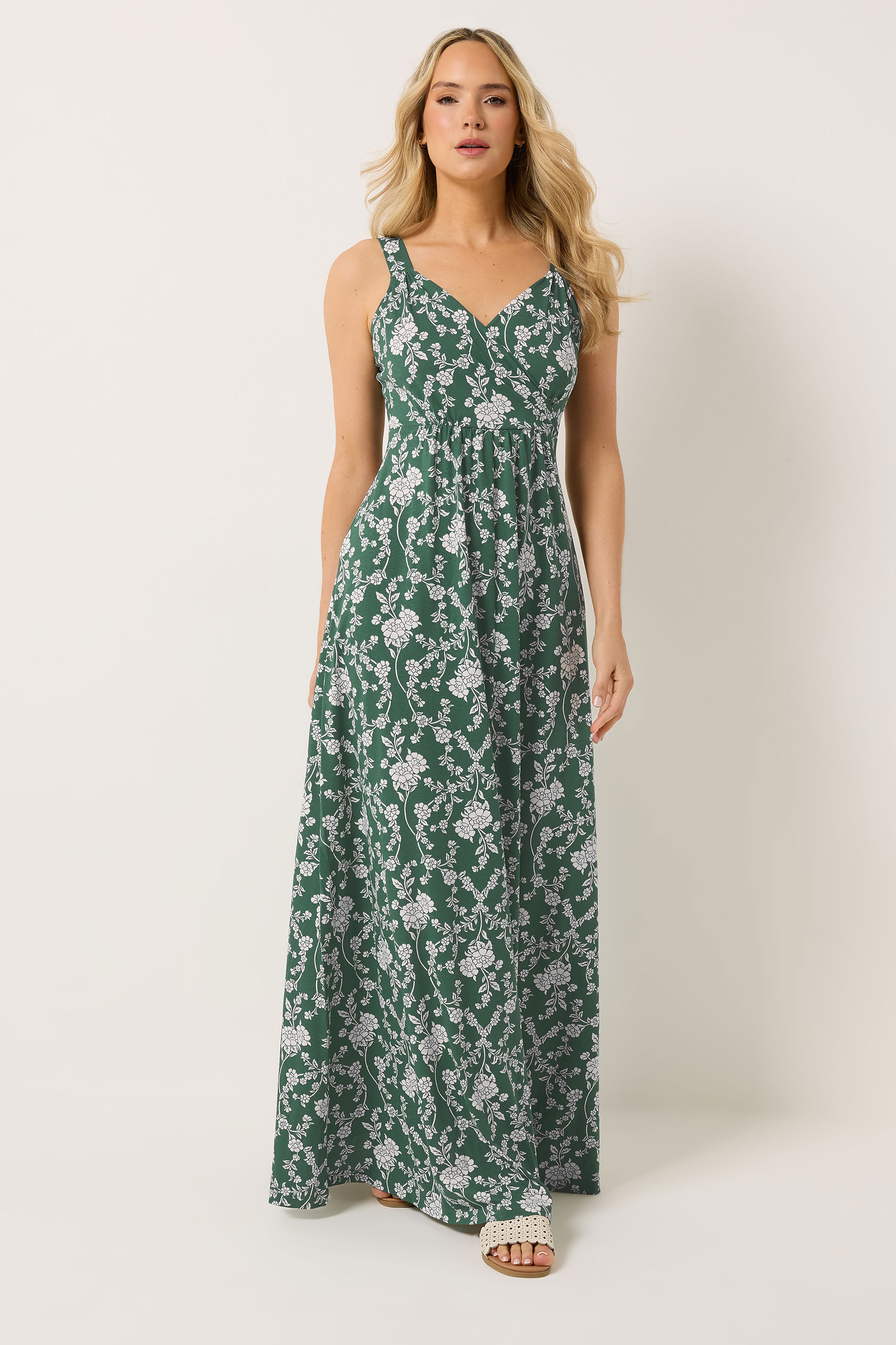 LTS Tall Women's Dark Green V-Neckline Floral Cotton Maxi Dress | Long Tall Sally  3