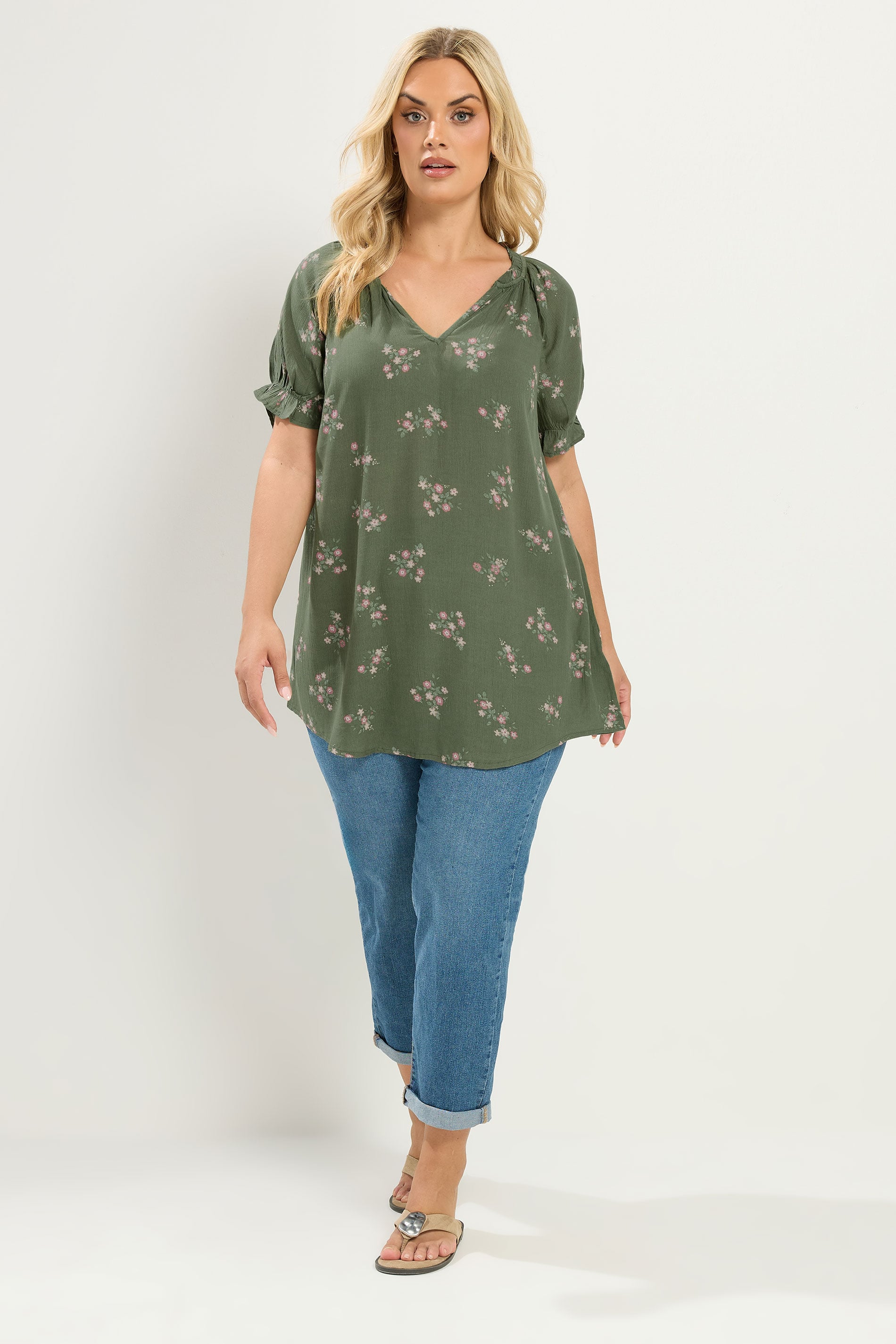 YOURS Plus Size Green Floral Notch Neck Blouse | Yours Clothing 1