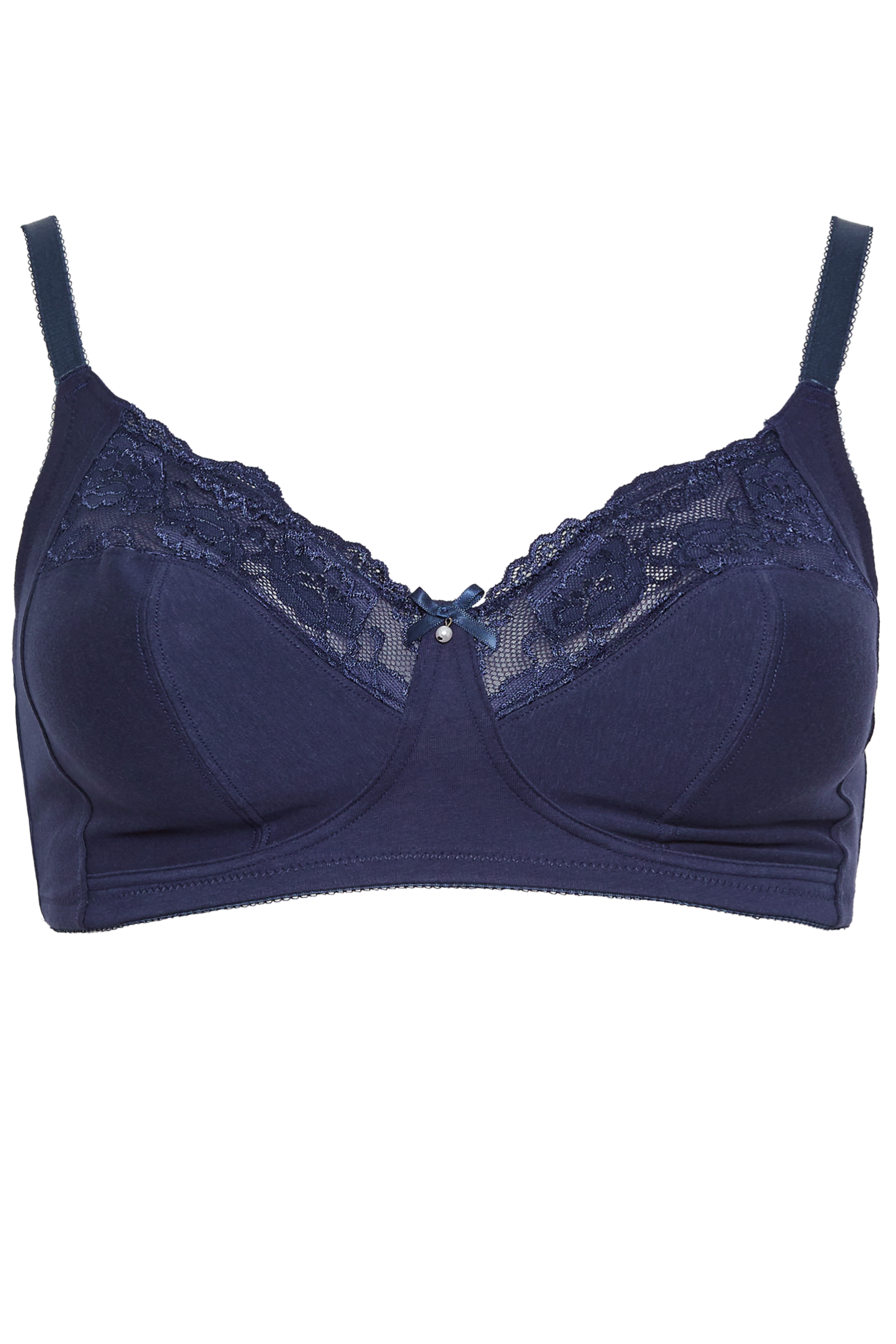 YOURS Plus Size Navy Blue Cotton Lace Trim Non-Wired Bra