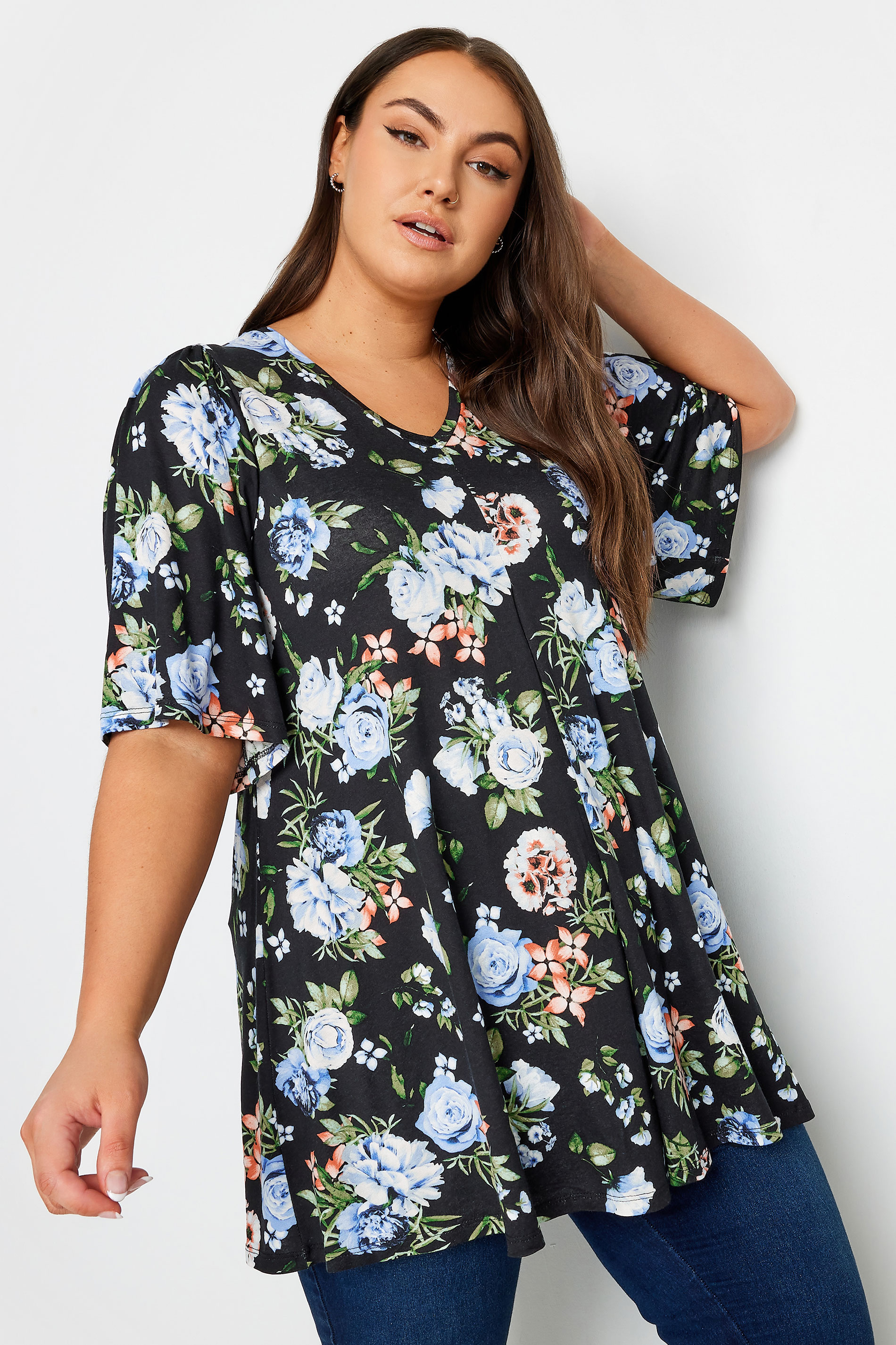 YOURS Plus Size Black & Blue Floral Print Pleated Swing Top | Yours Clothing 1