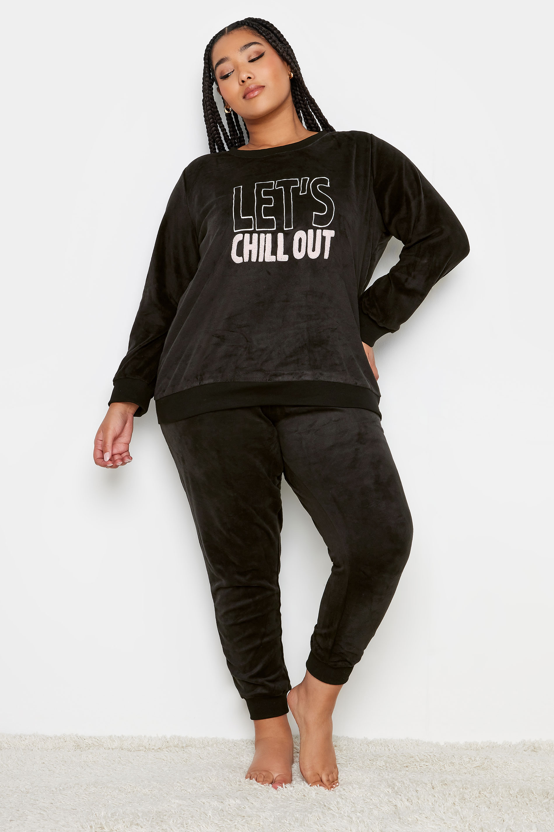 YOURS Plus Size Black 'Let's Chill' Fleece Lounge Set | Yours Clothing 2