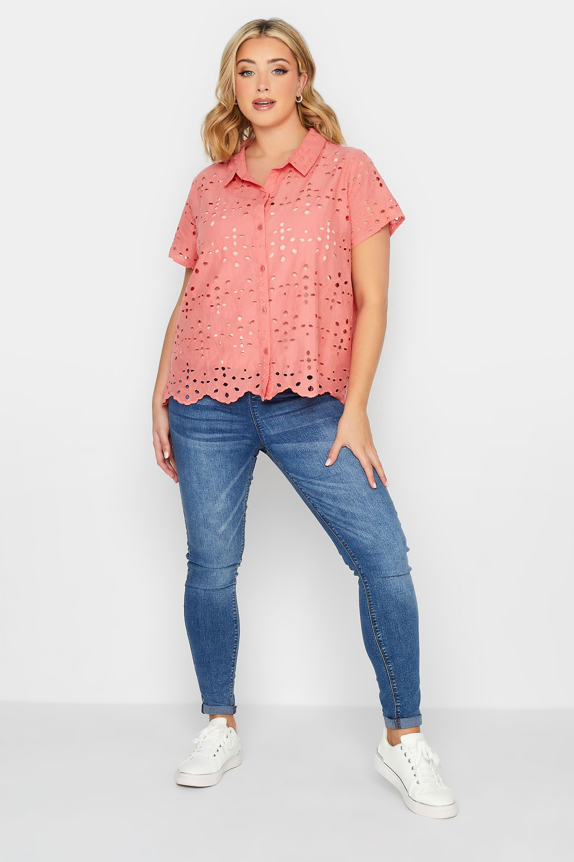 YOURS PETITE Plus Size Coral Pink Broderie Anglaise Short Sleeve Shirt | Yours Clothing 2