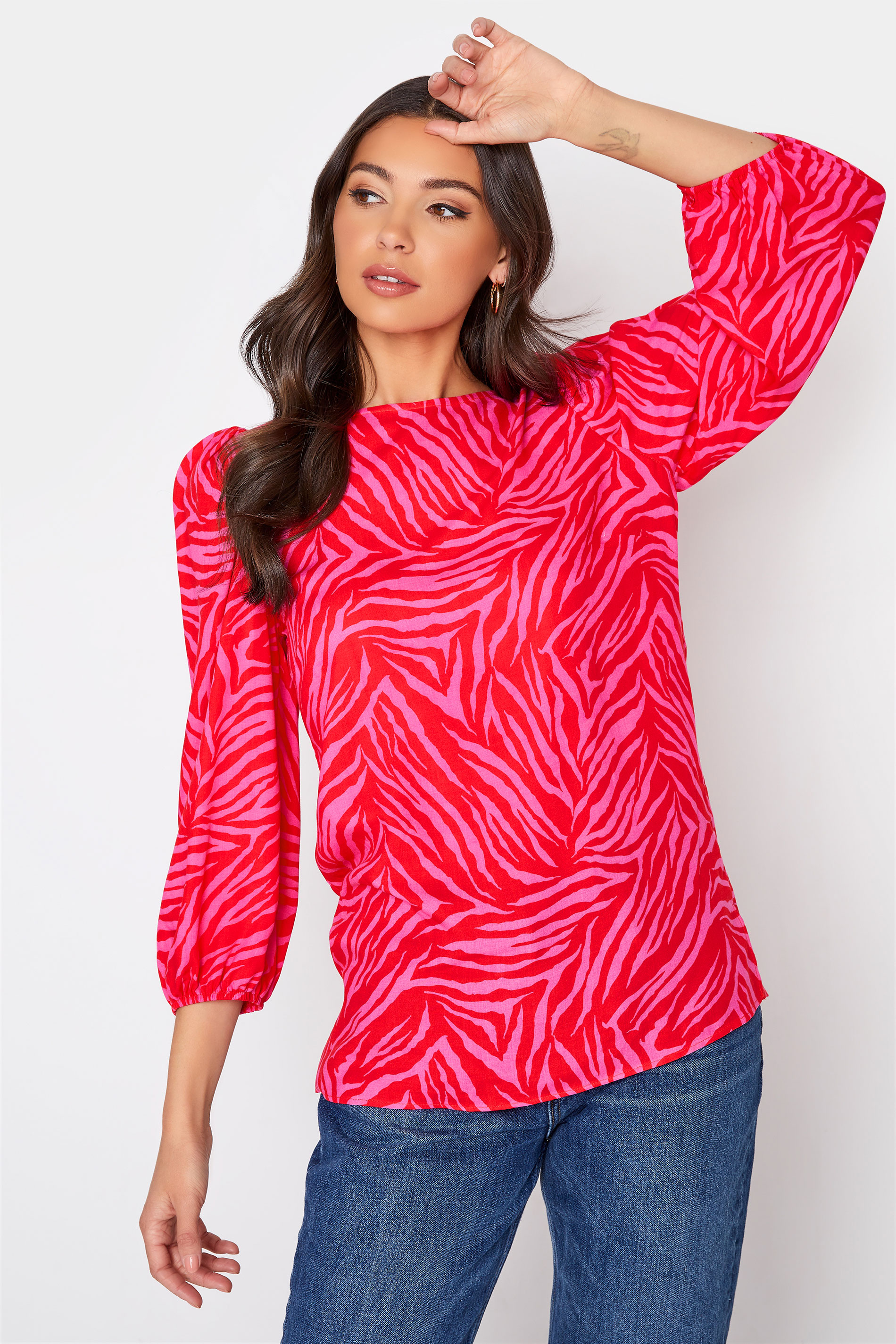 Tall Women's LTS Bright Pink Zebra Print Puff Sleeve Top | Long Tall Sally 1