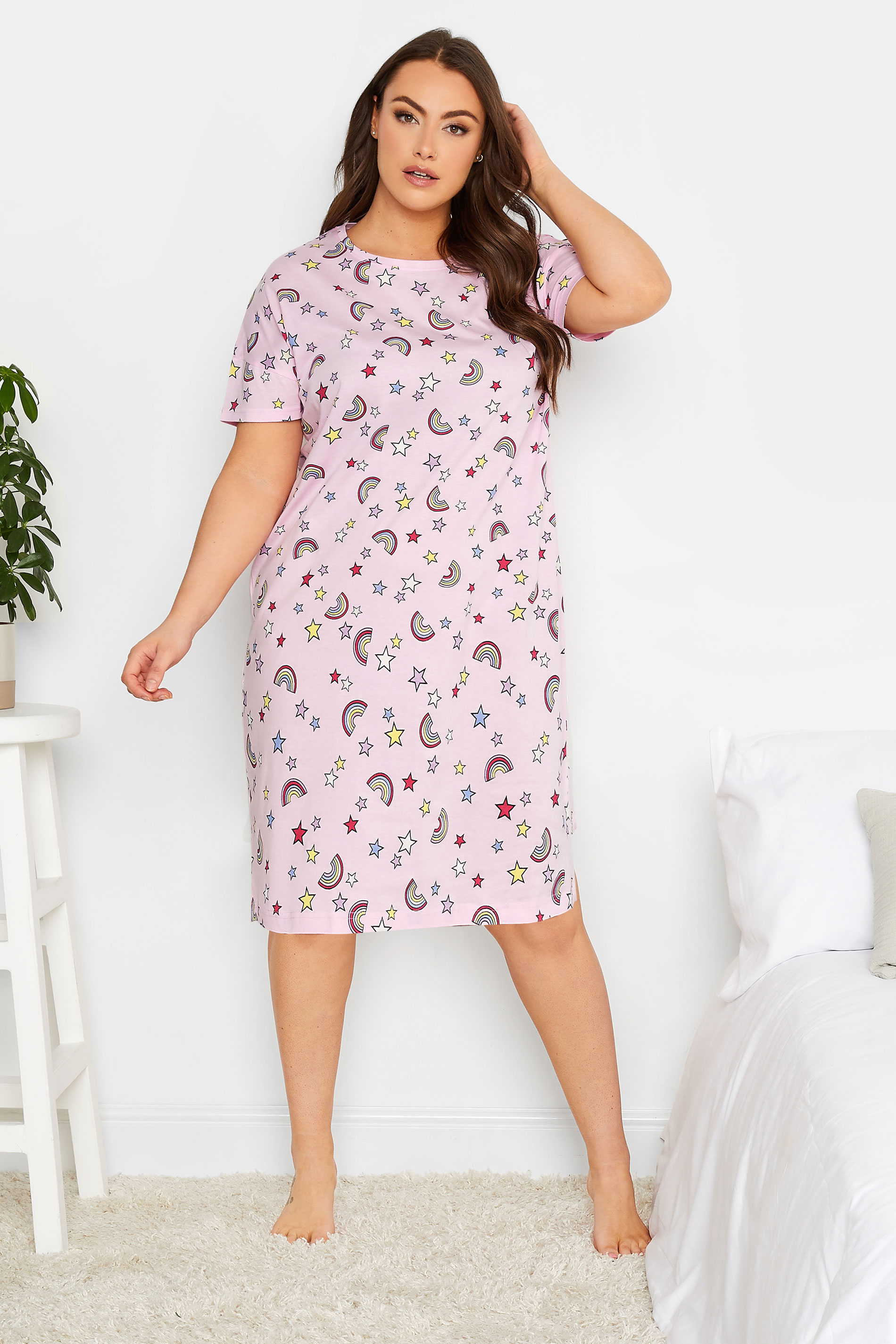 Betydning Synes godt om eksil YOURS Plus Size Curve Light Pink Star & Rainbow Print Sleep Tee Nightdress  | Yours Clothing