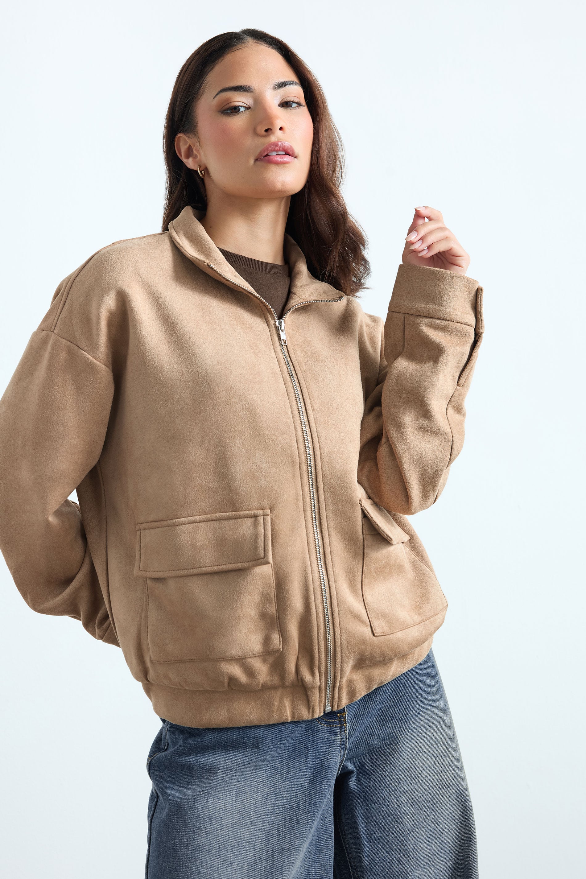 PixieGirl Petite Women's Natural Brown Faux Suede Bomber Jacket | PixieGirl 3