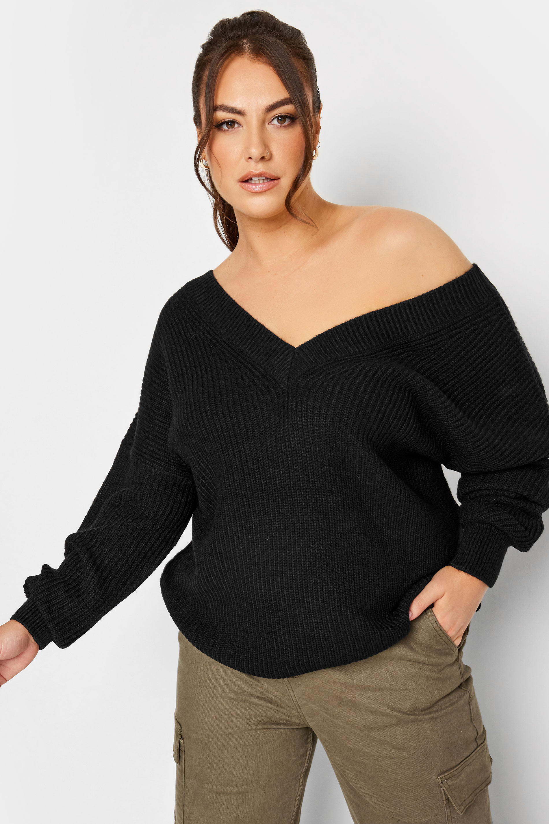 Plus Size Black V-Neck Knitted Jumper | Yours Clothing 1
