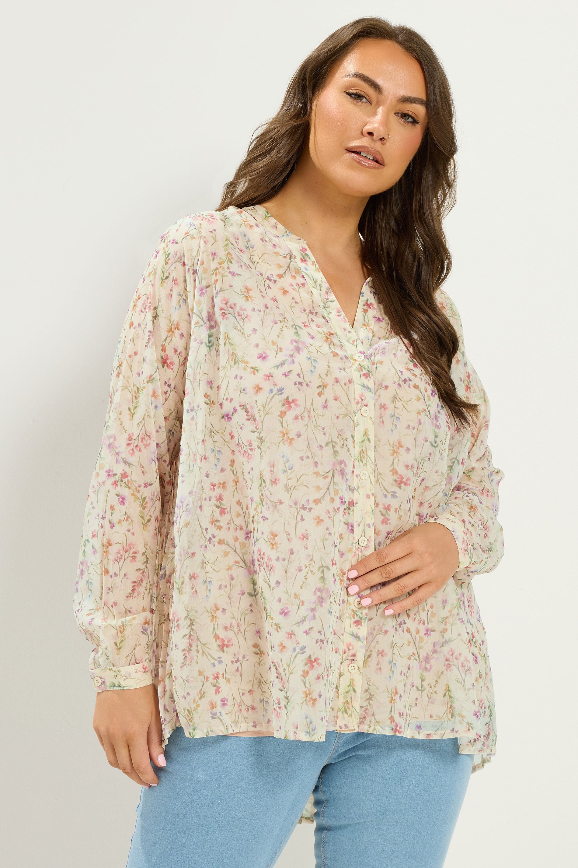 YOURS Plus Size Natural White Floral Shirt | Yours Clothing 3