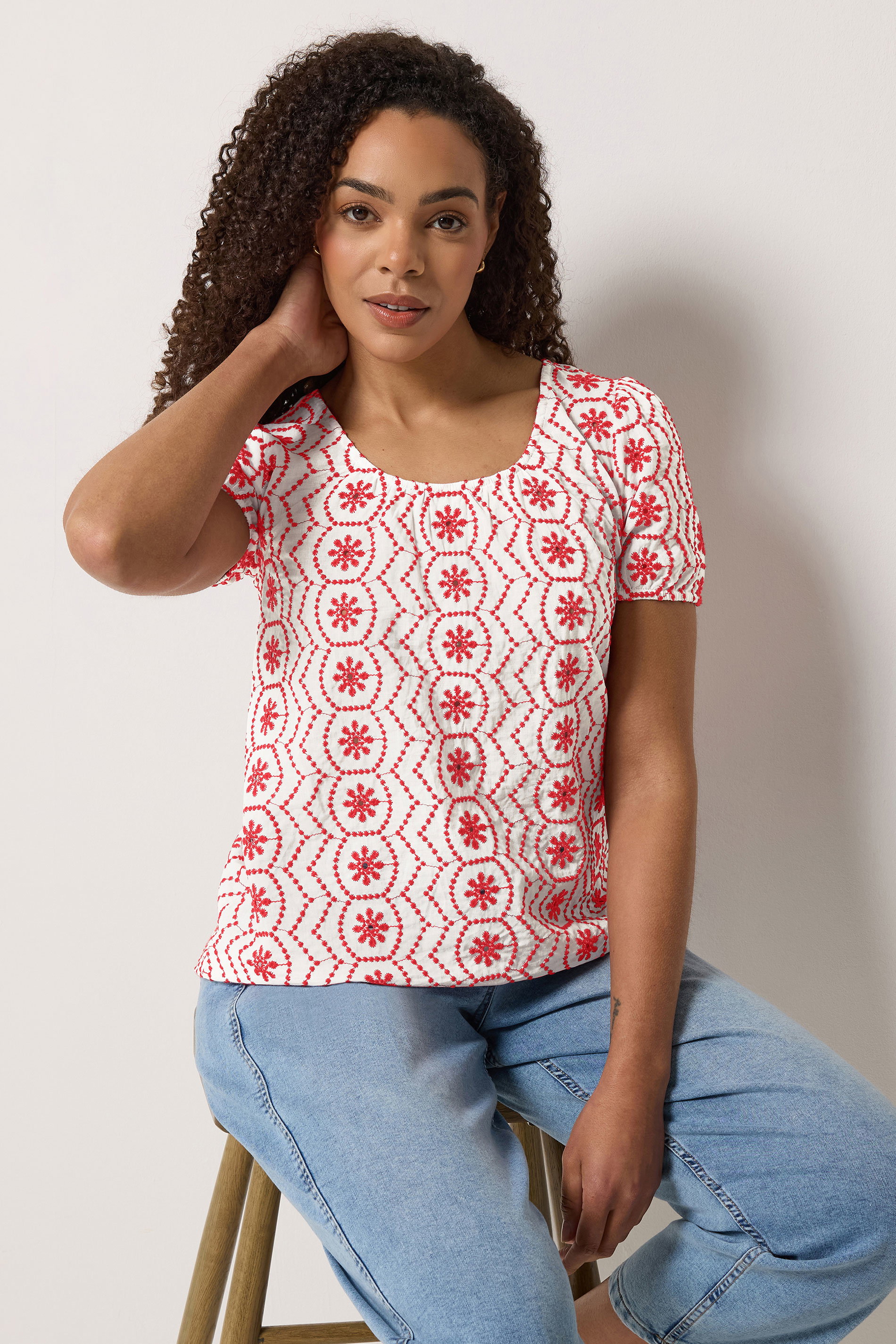 M&Co White & Red Floral Broderie Cotton Top | M&Co 1