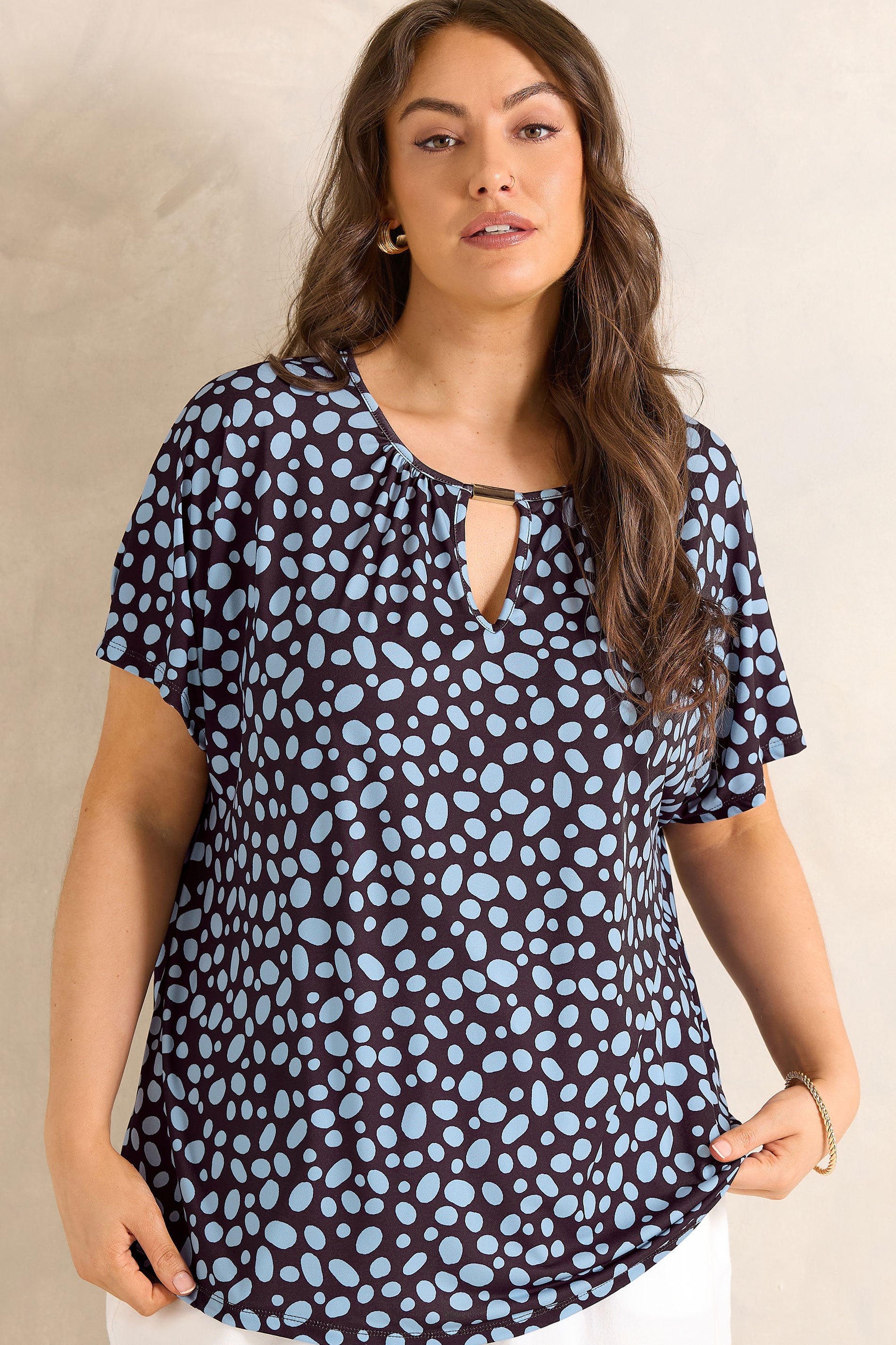 EVANS Plus Size Blue And Brown Polka Dot Print Bar Detail Top | Evans 3
