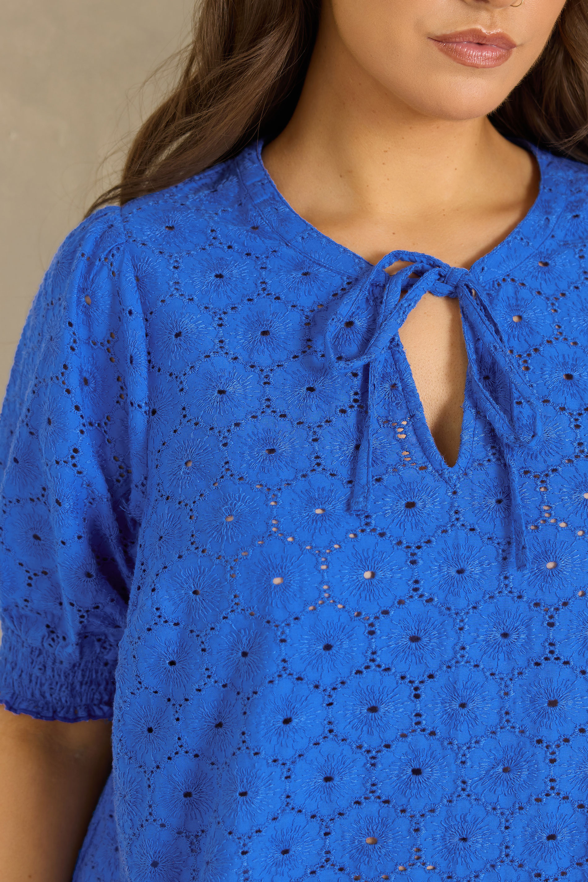 EVANS Plus Size Blue Floral Broderie Tie Neck Blouse | Evans 4