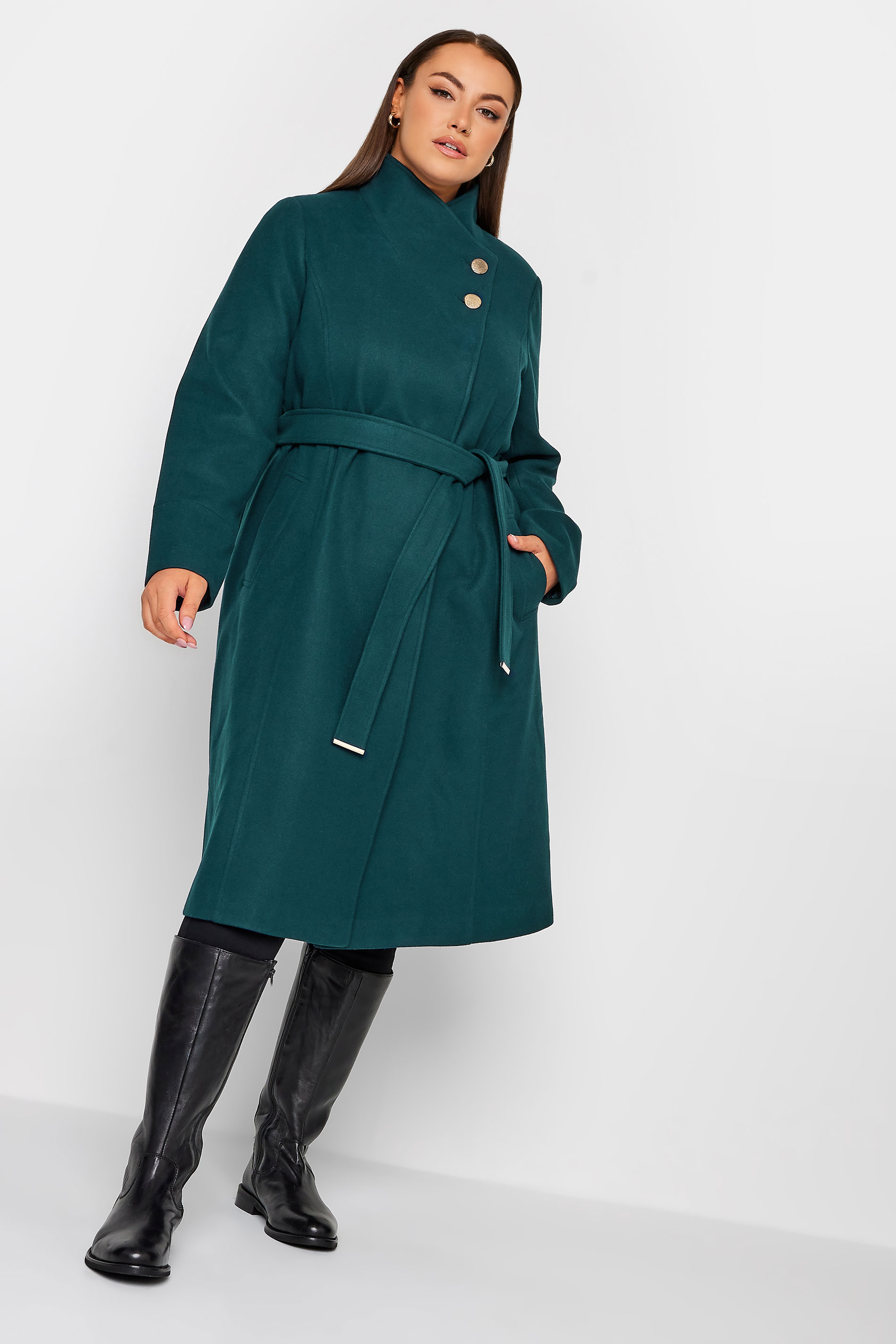 YOURS Curve Plus Size Dark Green Belted Military Coat | Yours Clothing  2