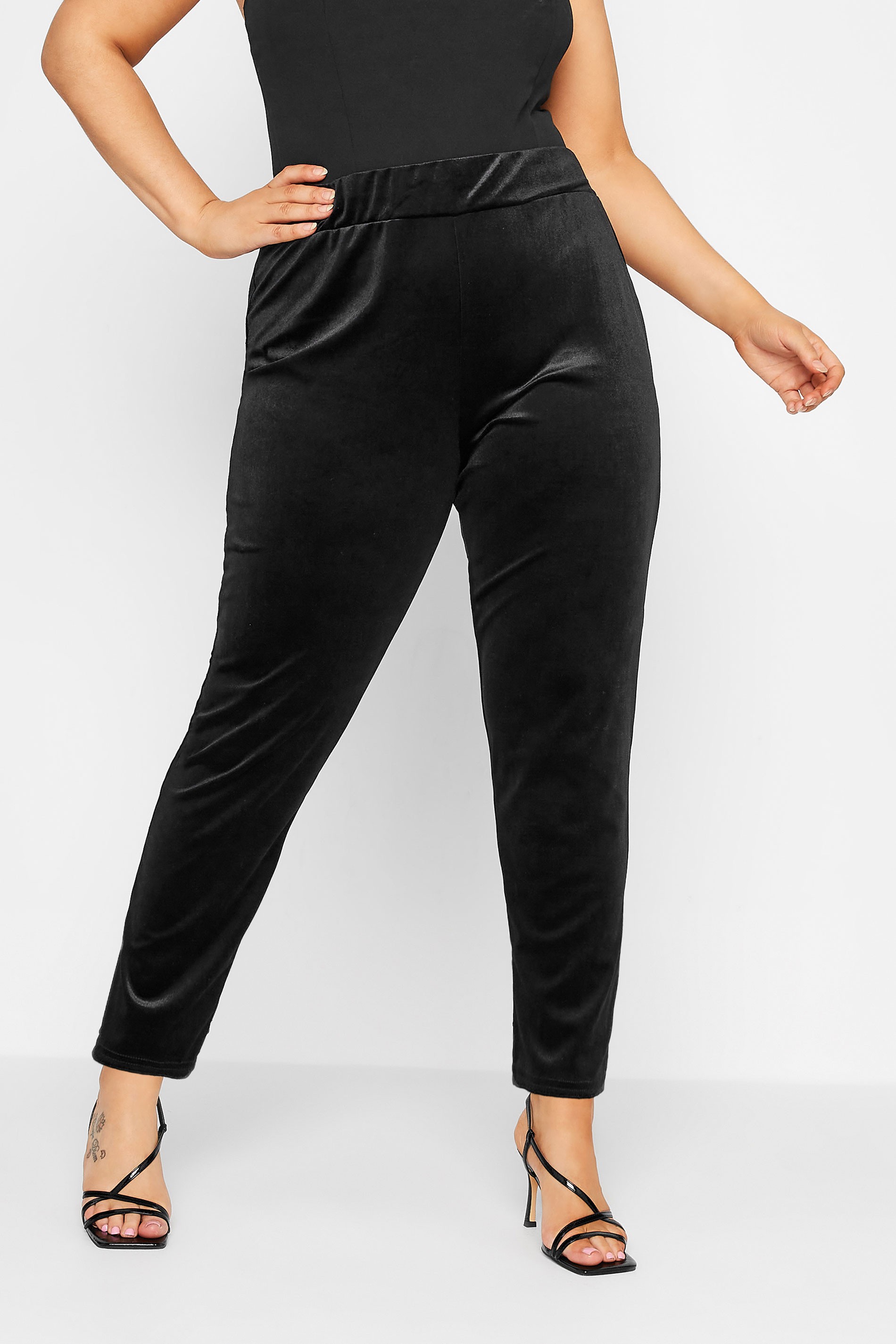 Plus Size Womens Curve Black Velvet Stretch Tapered Trousers - Petite | Yours Clothing 1