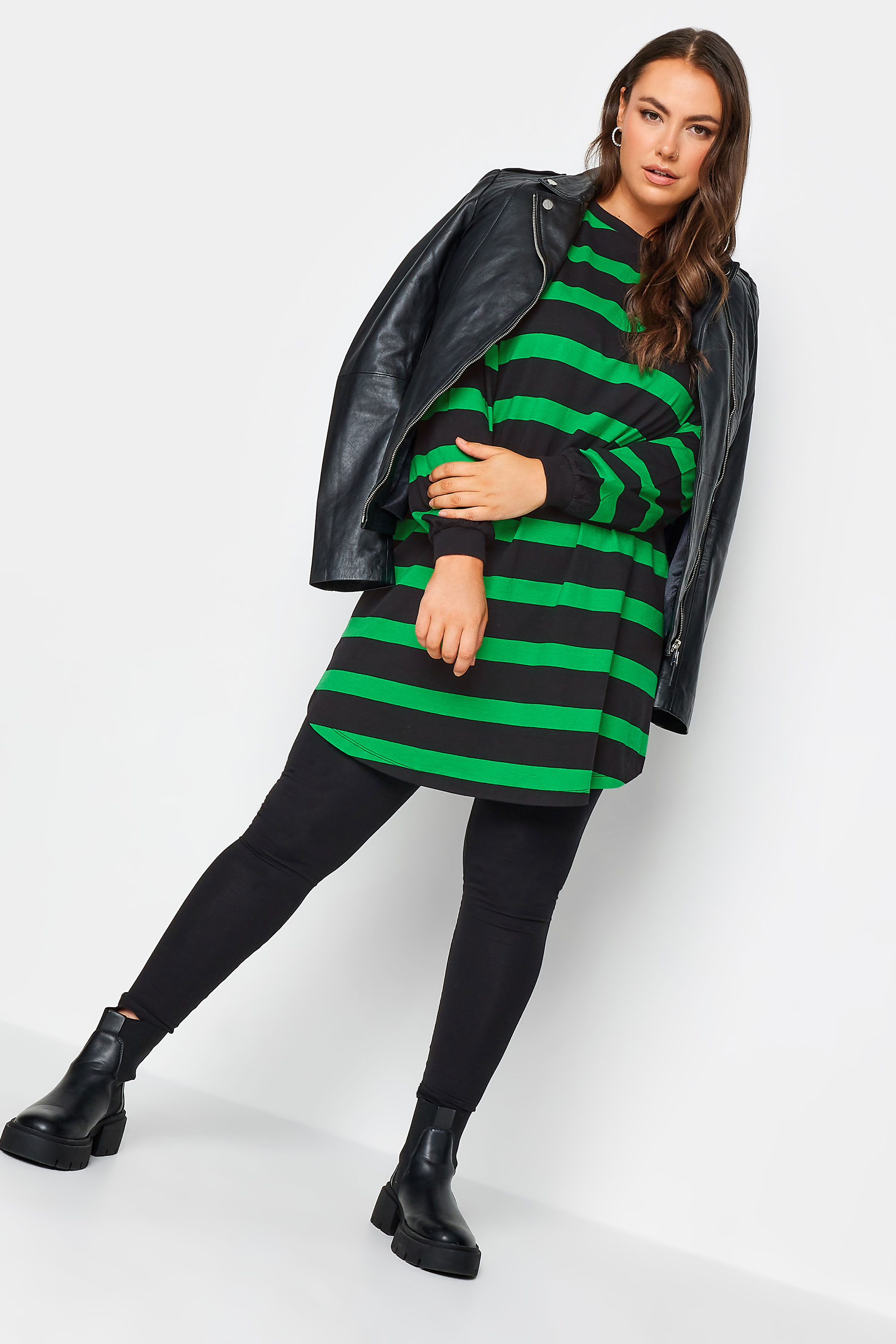 YOURS Plus Size Black & Green Oversized Stripe Tunic Dress | Yours Clothing 2