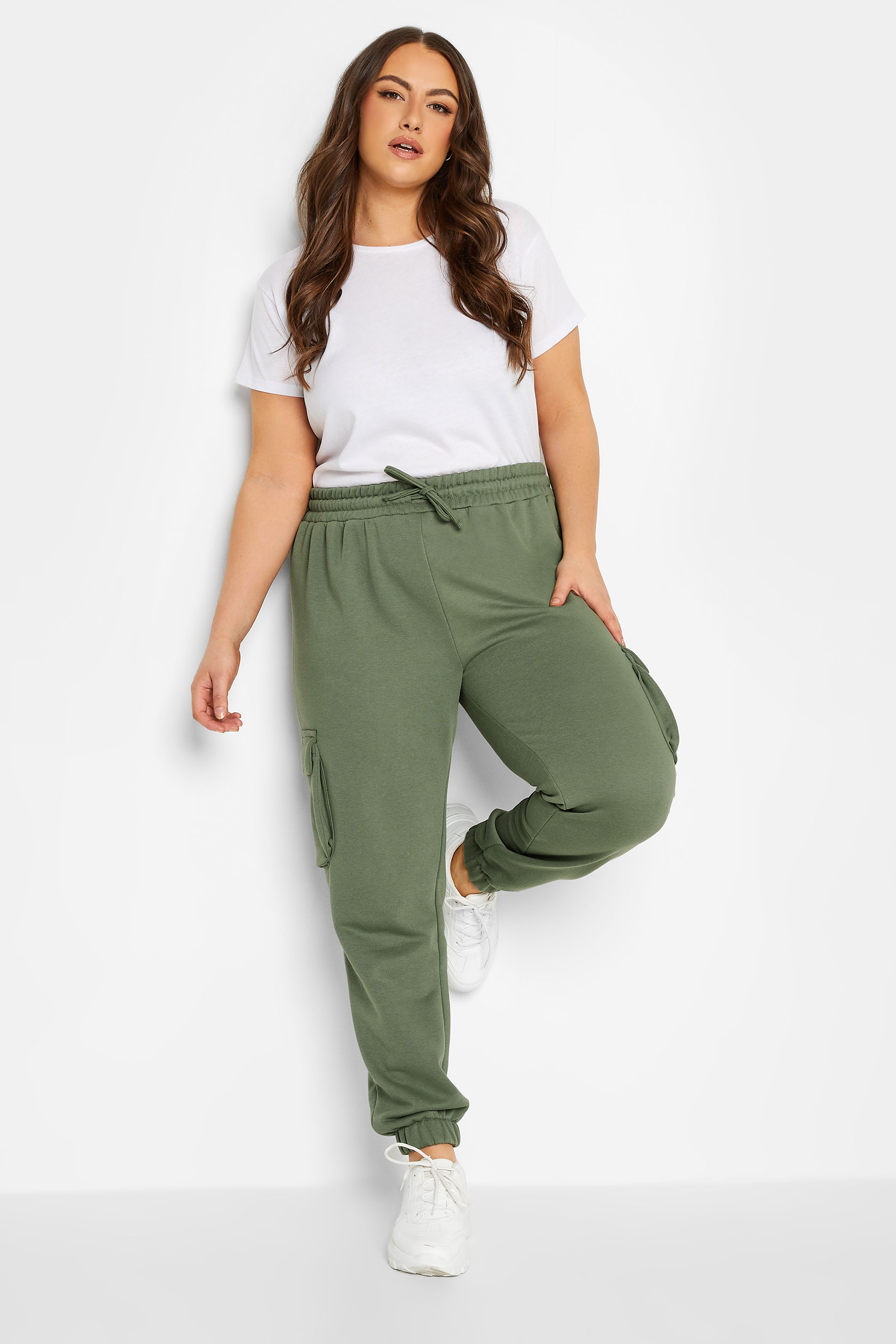 YOURS Curve Plus Size Khaki Green Cargo Joggers | Yours Clothing  2