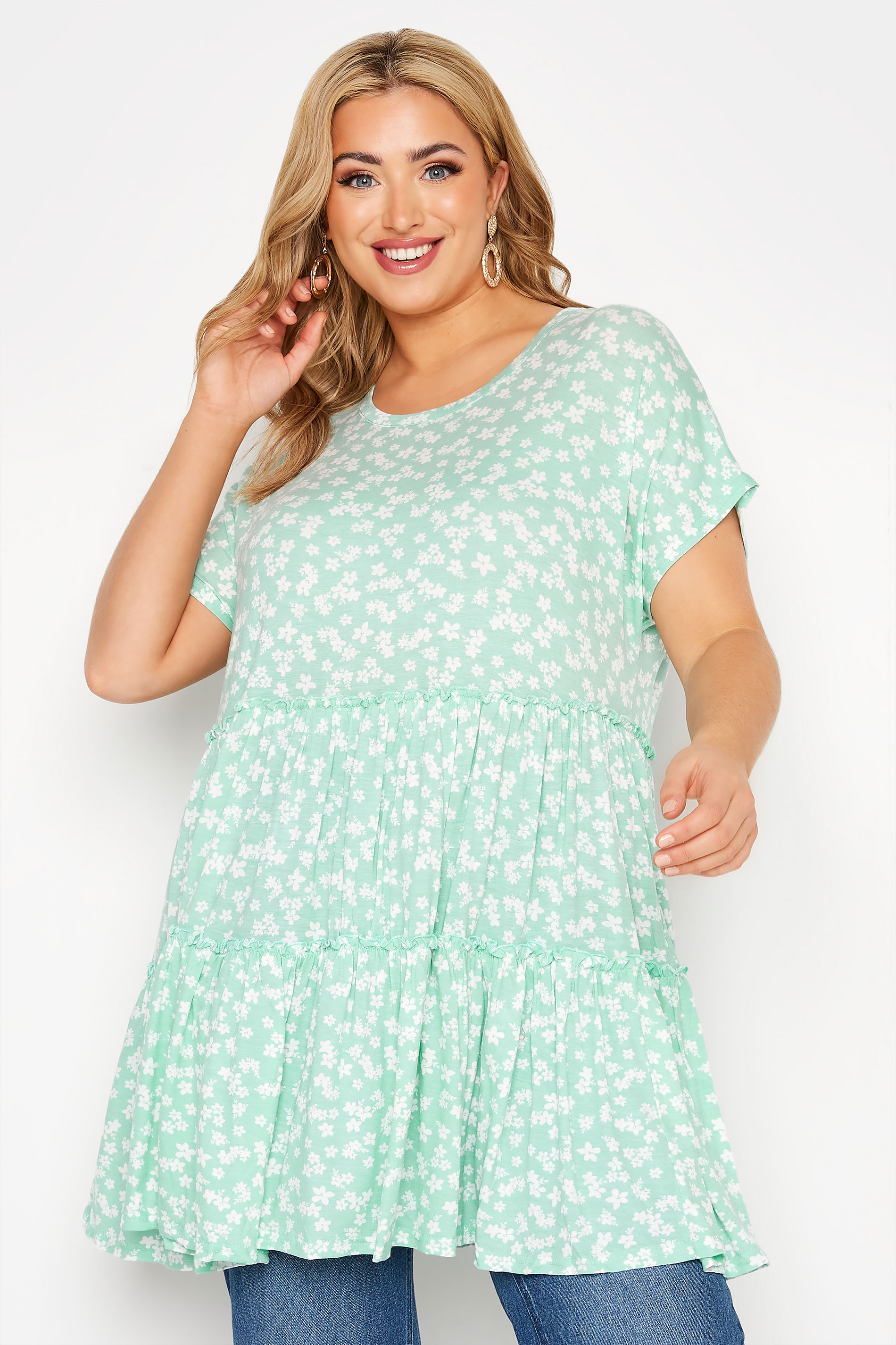 Curve Sage Green Blotch Floral Tiered Smock Tunic_A.jpg