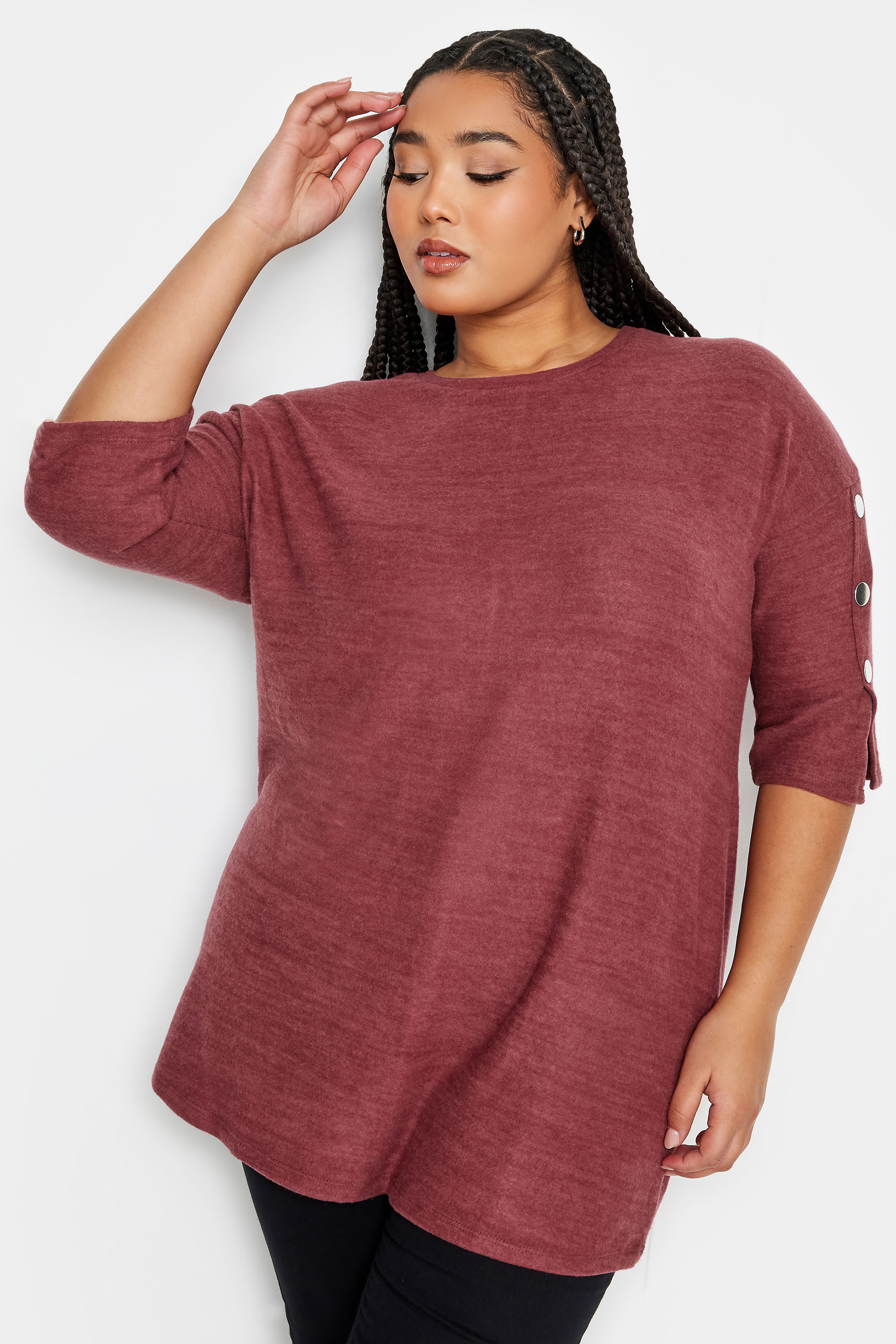 YOURS Plus Size Red Soft Touch Button Sleeve Jumper | Yours Clothing 1