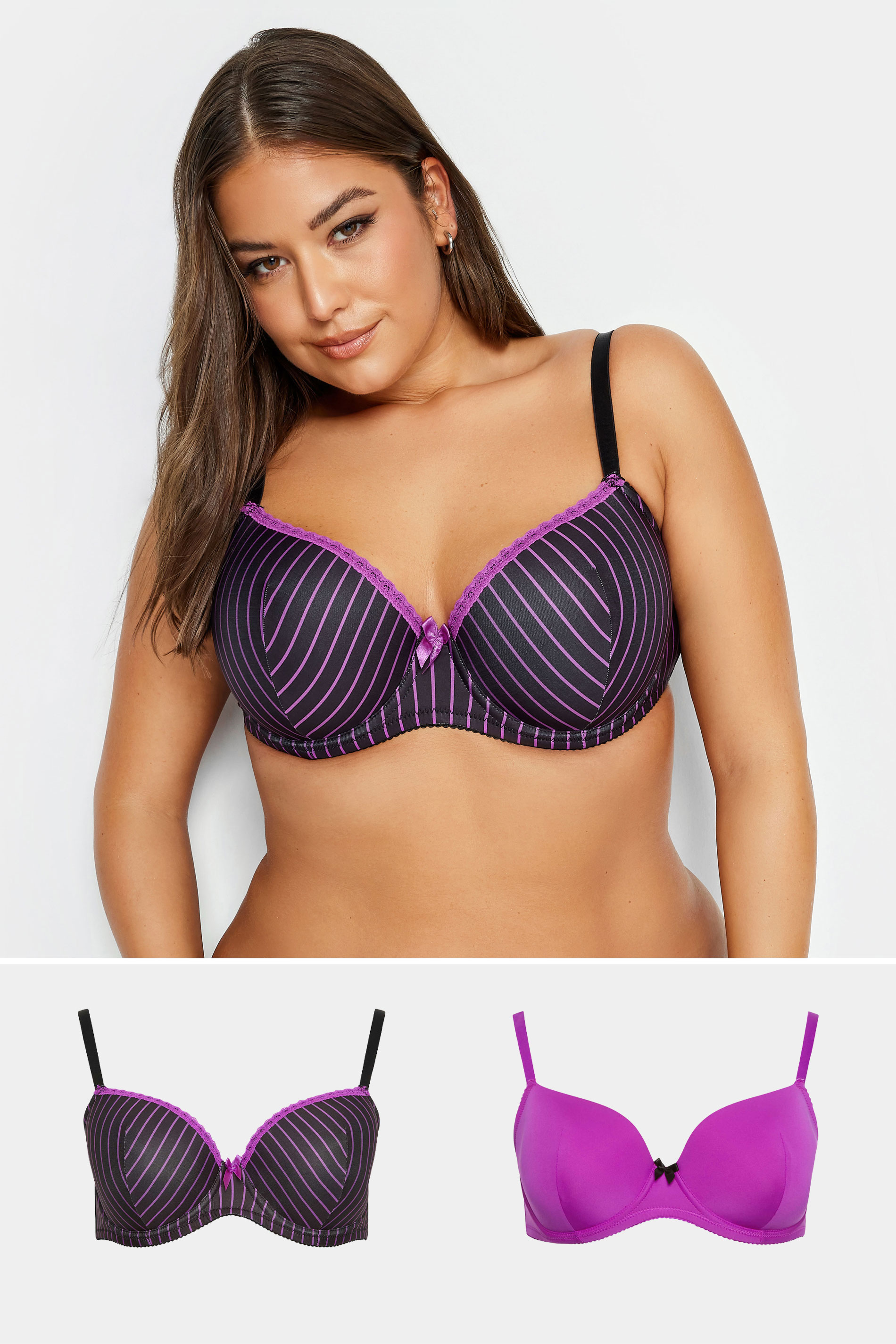 YOURS 2 PACK Plus Size Pink & Black Stripe Print Padded T-Shirt Bras | Yours Clothing 1