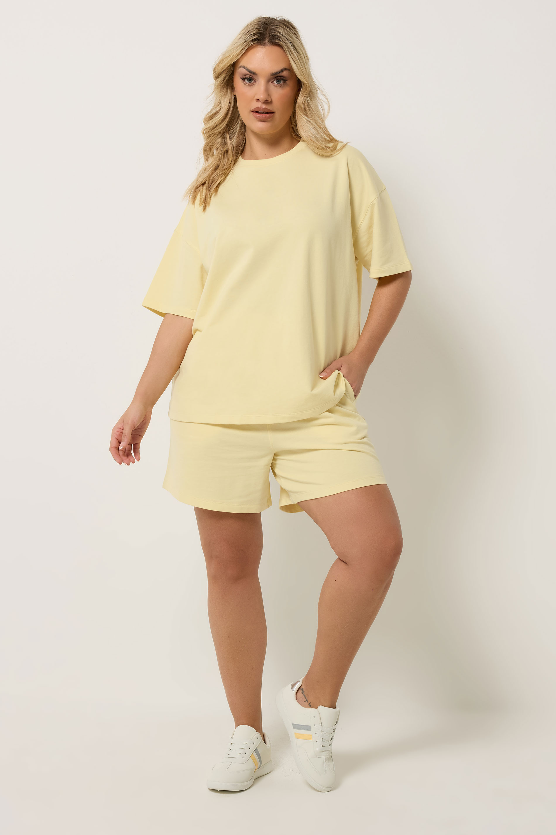 YOURS Plus Size Yellow Sweat T-Shirt & Short Set | Yours Clothing 2